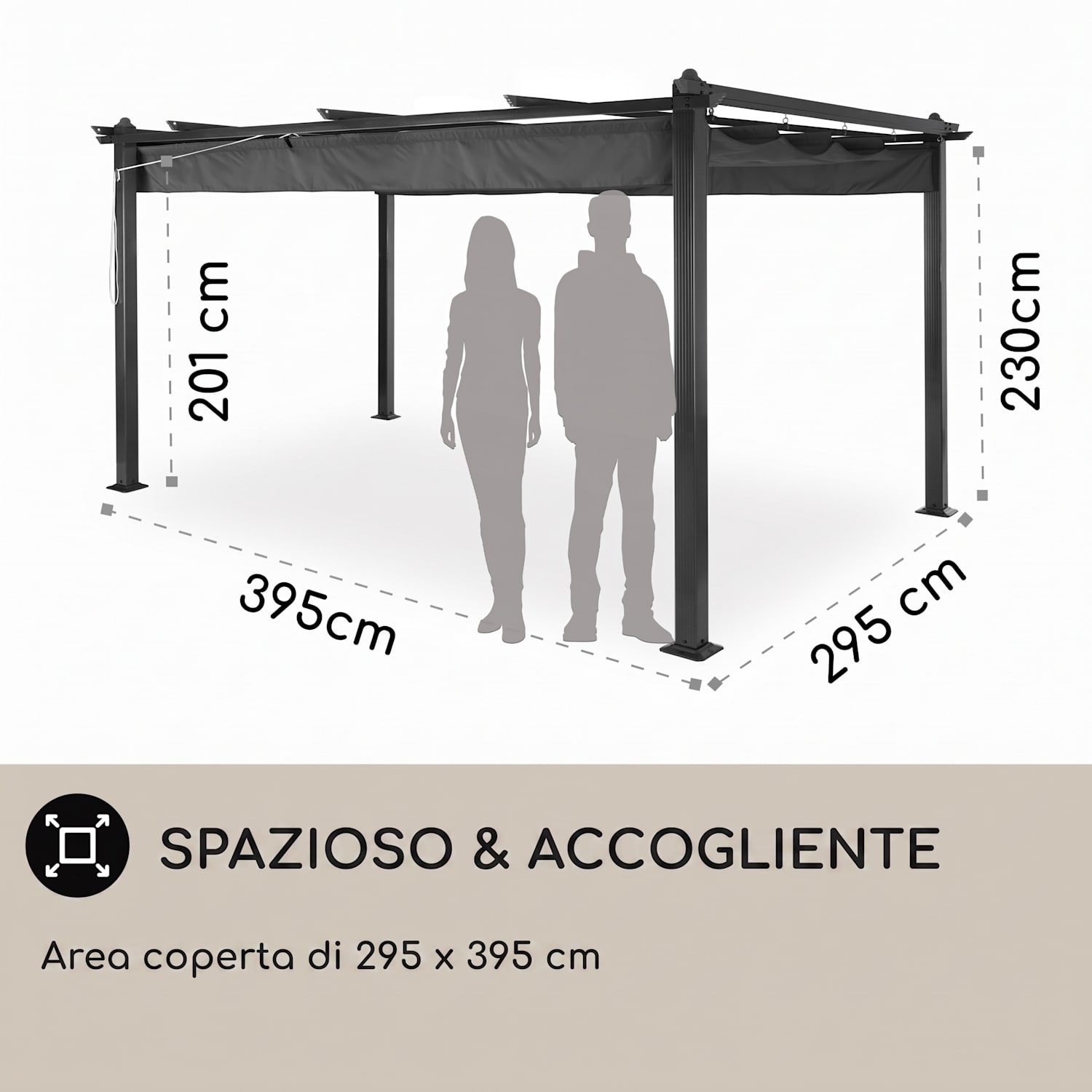 Pantheon 3x4 Pergola Tettoia 3x4m Alluminio Tenda da Sole Poliestere grigio 3 x 4 m | Nero | Grigio