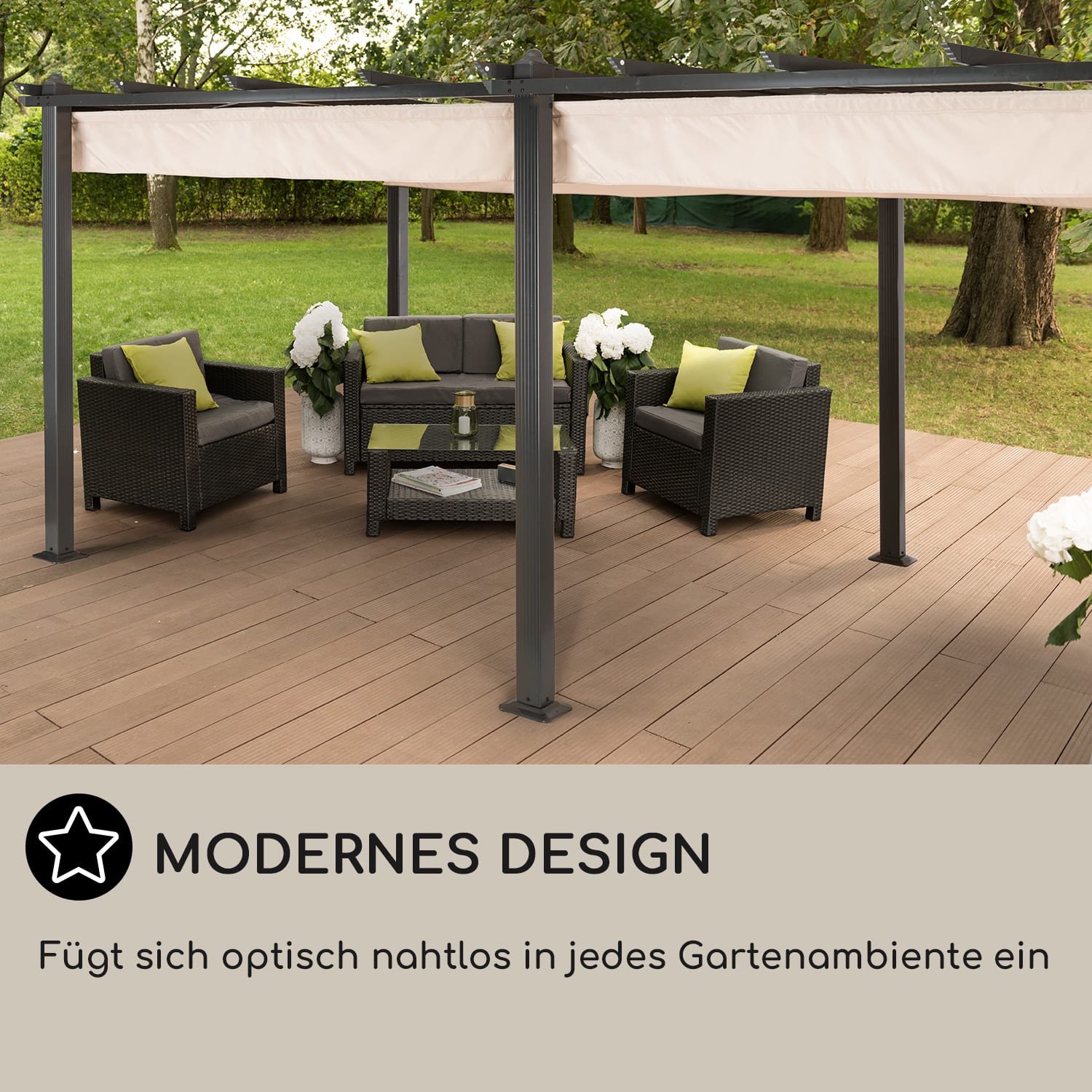 Pantheon 3x6 Pergola Vordach 3x6m Aluminium Sonnendach Polyester beige 3 x 6 m | Schwarz | Beige