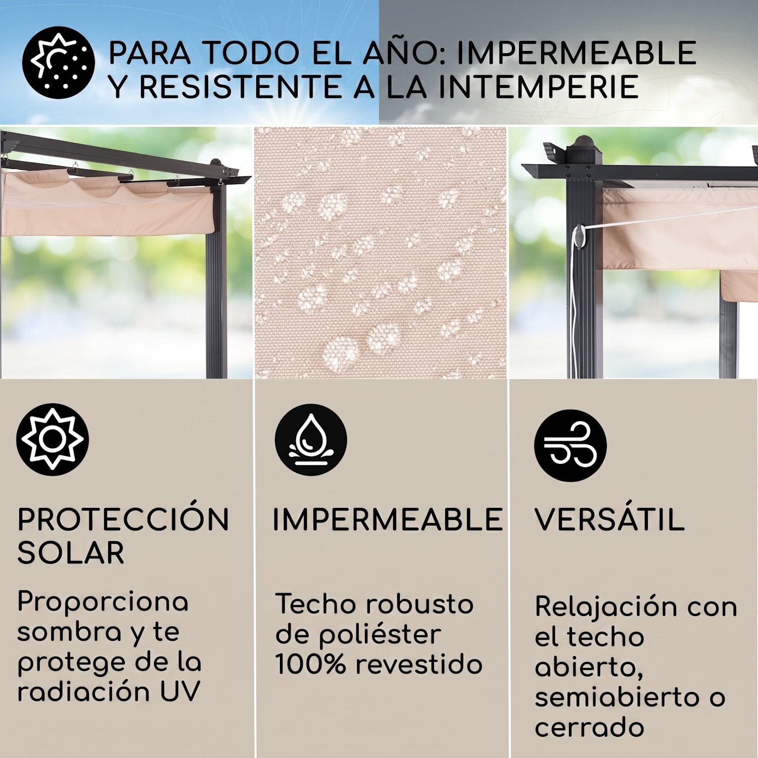 Pantheon 3x6 Pérgola Colgadizo 3x6m Aluminio Toldo Poliéster beige 3 x 6 m | Negro | Beige
