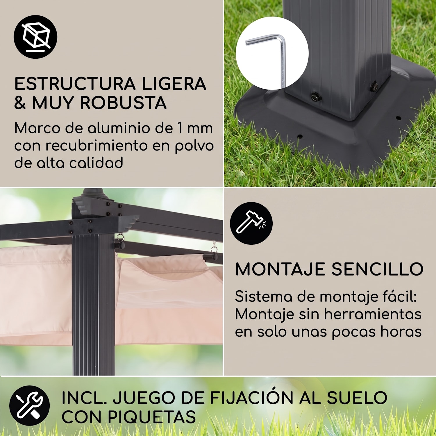 Pantheon 3x6 Pérgola Colgadizo 3x6m Aluminio Toldo Poliéster beige 3 x 6 m | Negro | Beige