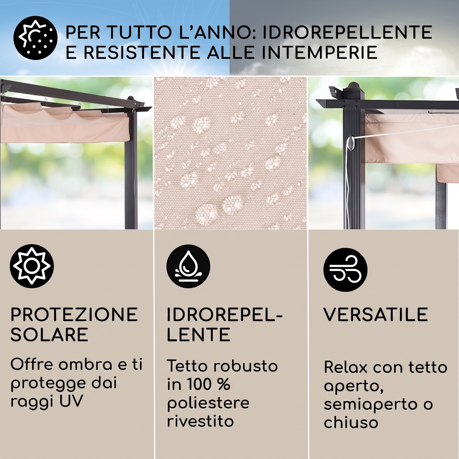 Pantheon 3x6 Pergola Tettoia 3x6m Alluminio Tenda da Sole Poliestere beige 3 x 6 m | Nero | Beige