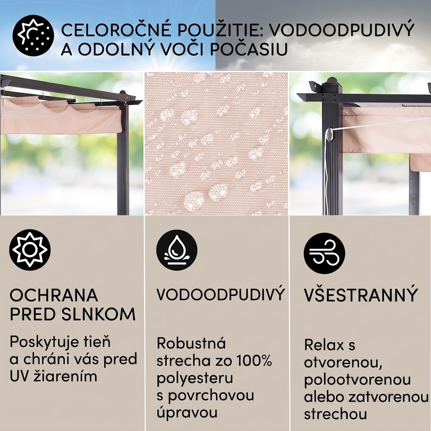 Pantheon, pergola, prístrešok, 3 x 6 m, hliník, strieška proti slnku, polyester, béžová 3 x 6 m | Čierna | Béžová