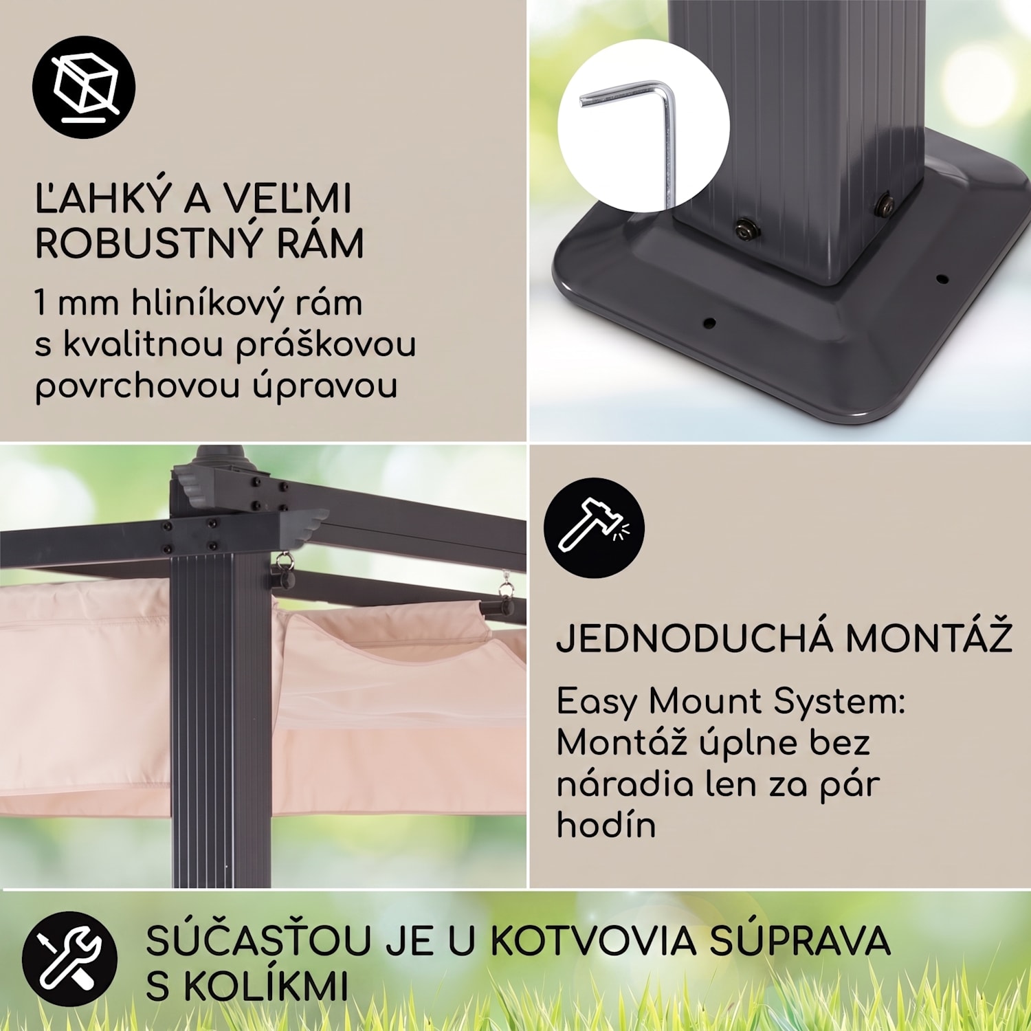 Pantheon, pergola, prístrešok, 3 x 6 m, hliník, strieška proti slnku, polyester, béžová 3 x 6 m | Čierna | Béžová