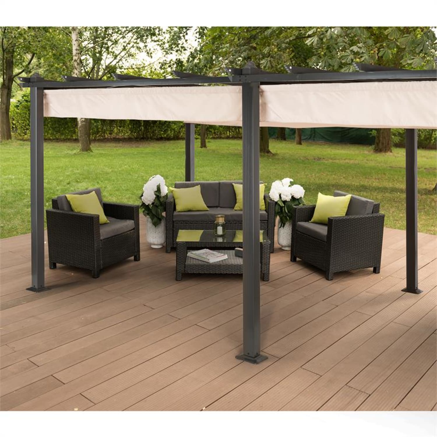 Pantheon 3x6 Pergola Vordach 3x6m Aluminium Sonnendach Polyester beige 3 x 6 m | Schwarz | Beige