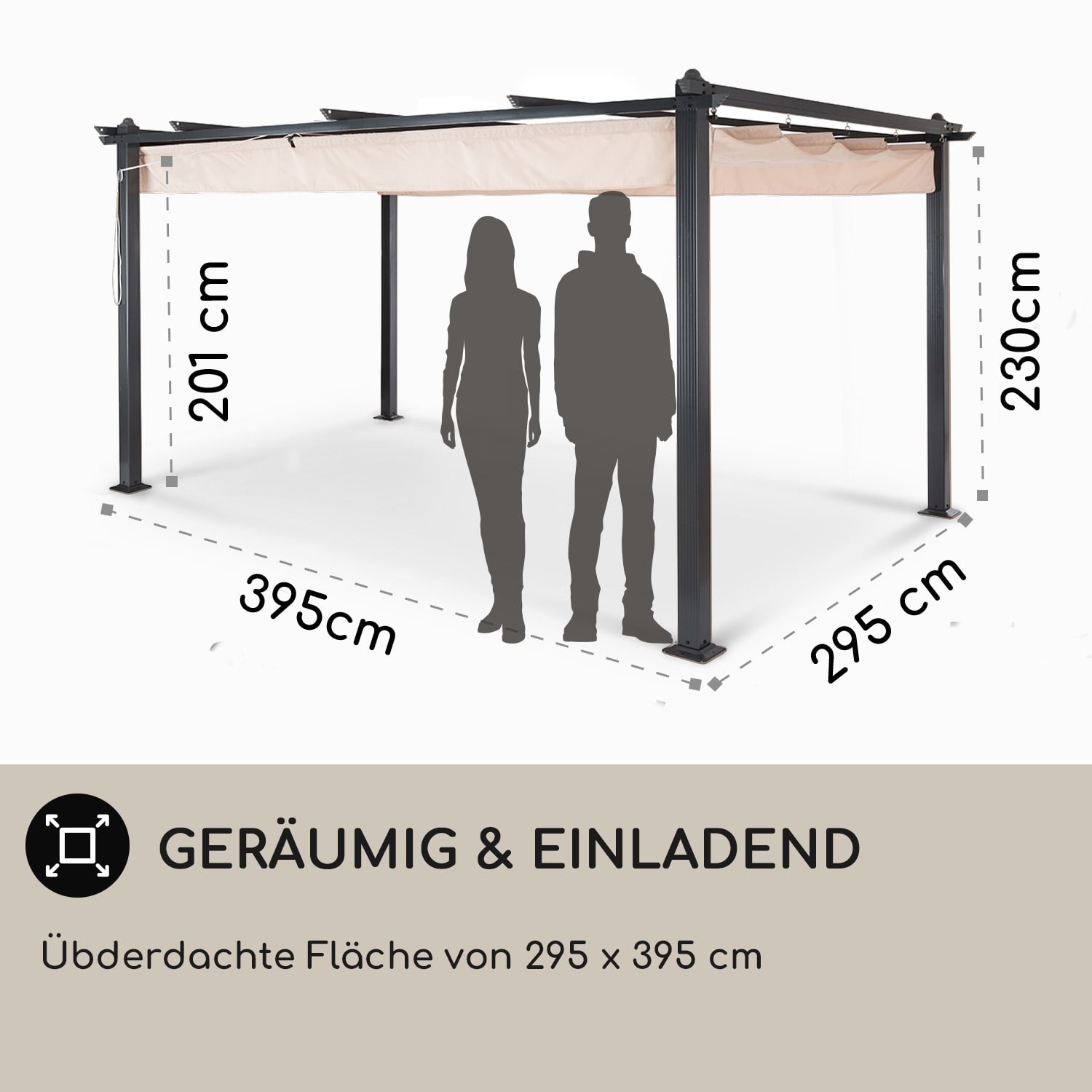 Pantheon 3x4 Pergola Pensilina 3x4m Alluminio Tettuccio Poliestere 3 x 4 m | Nero | Beige