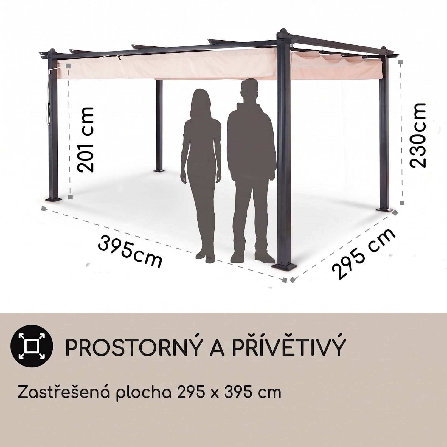 Pantheon, pergola, přístřešek, 3 x 4 m, hliník, stříška proti slunci, polyester 3 x 4 m | Černá | Béžová