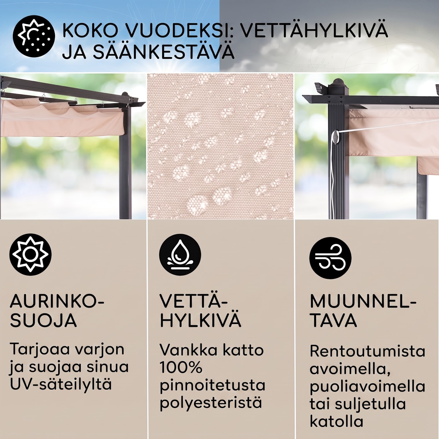 blumfeldt Pantheon pergola | 3 x 4 m | Säänkestävä | UV-suoja | Ympäri vuoden käyttöön 3 x 4 m | Musta | Beige