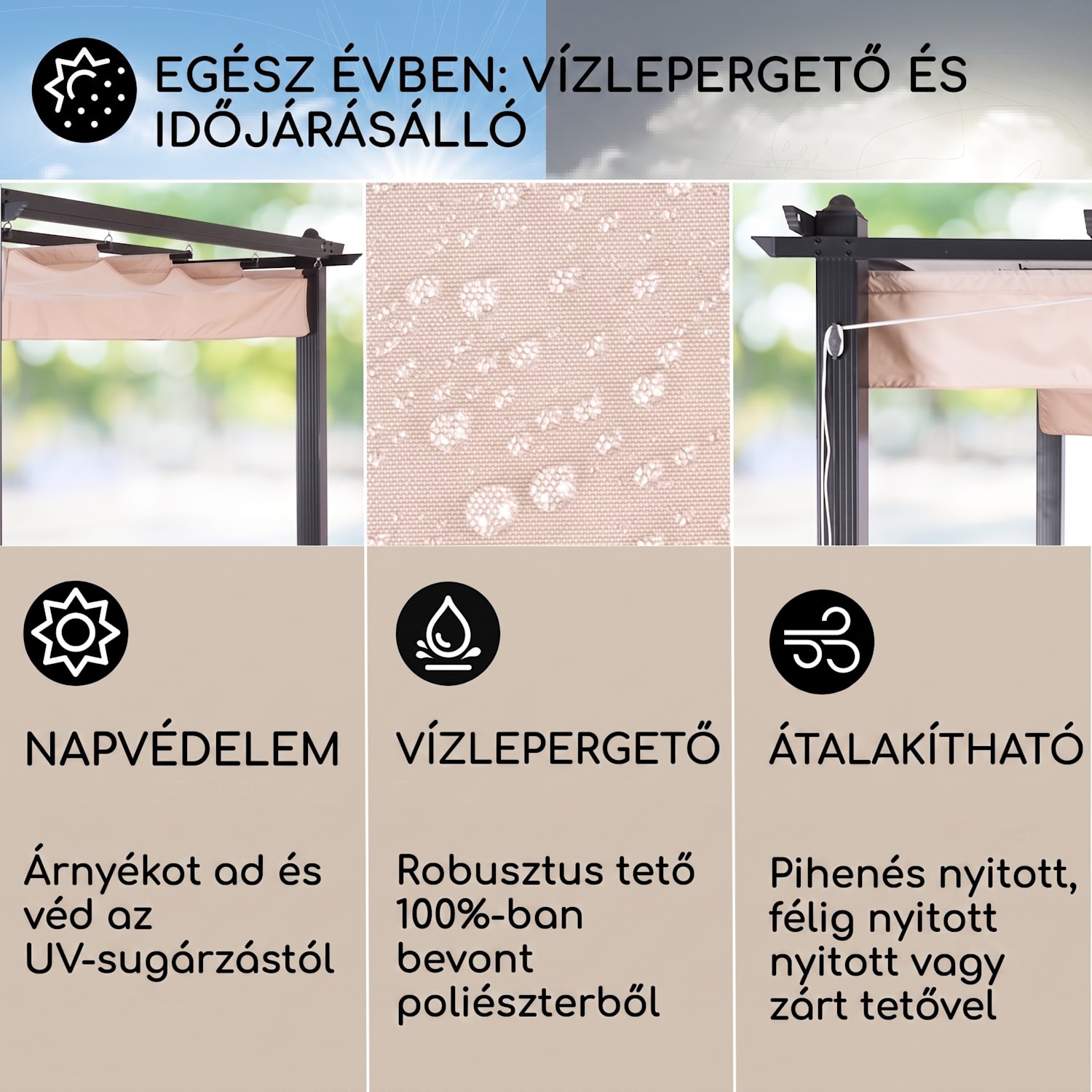 Pantheon, pergola, 3 x 4 m, árnyékoló, alumínium, poliészter 3 x 4 m | Fekete | Bézs