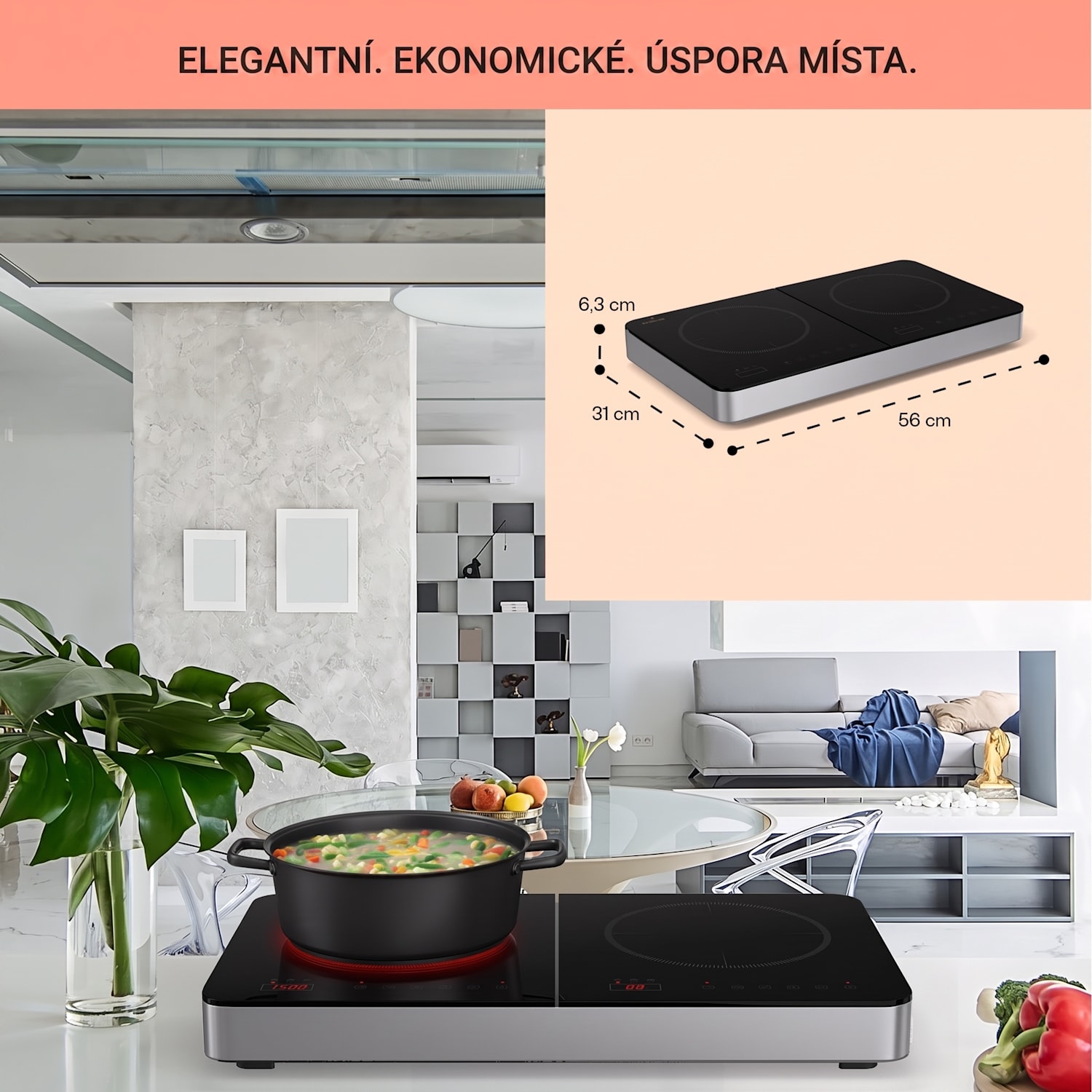 Cookio, indukční varná deska, 3500 W, 2 zóny, časovač, sklokeramika 