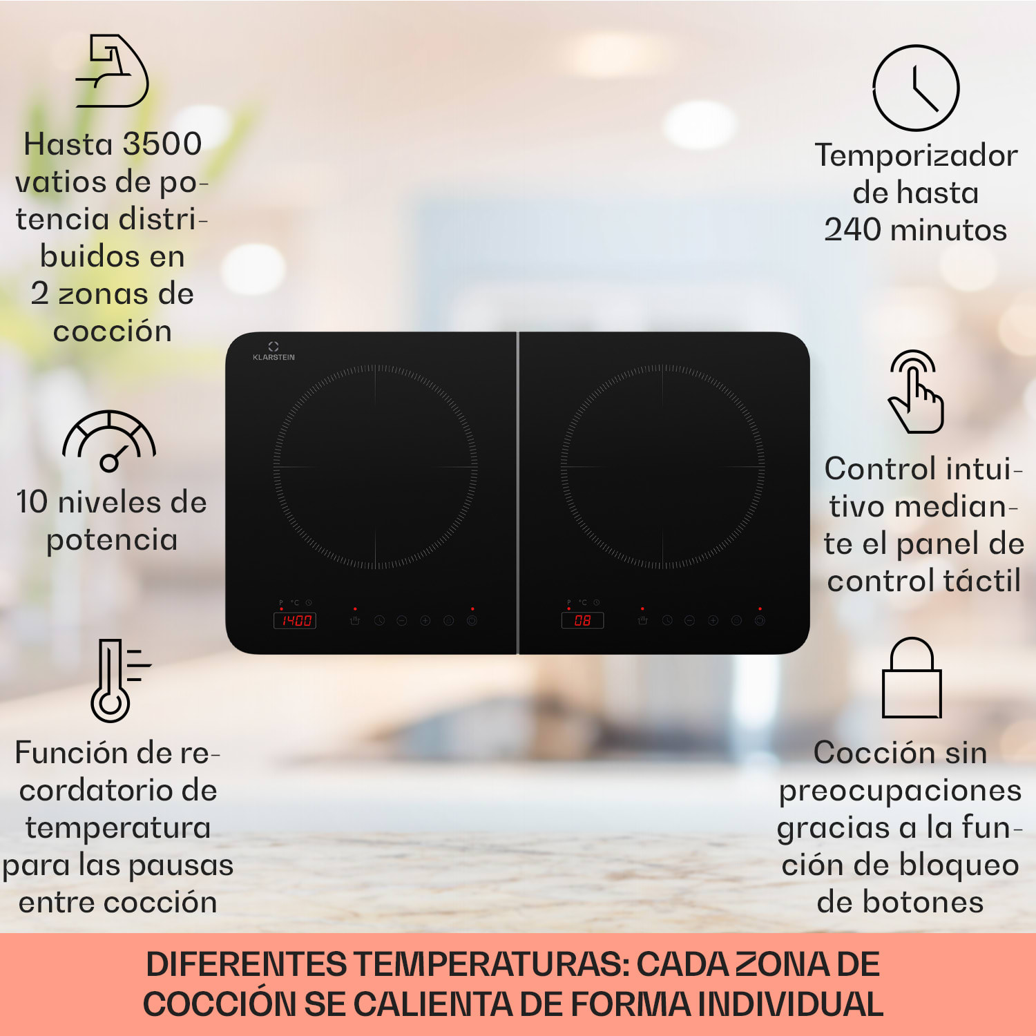 Cookio placa de inducción doble 3500W temporizador vitrocerámica 