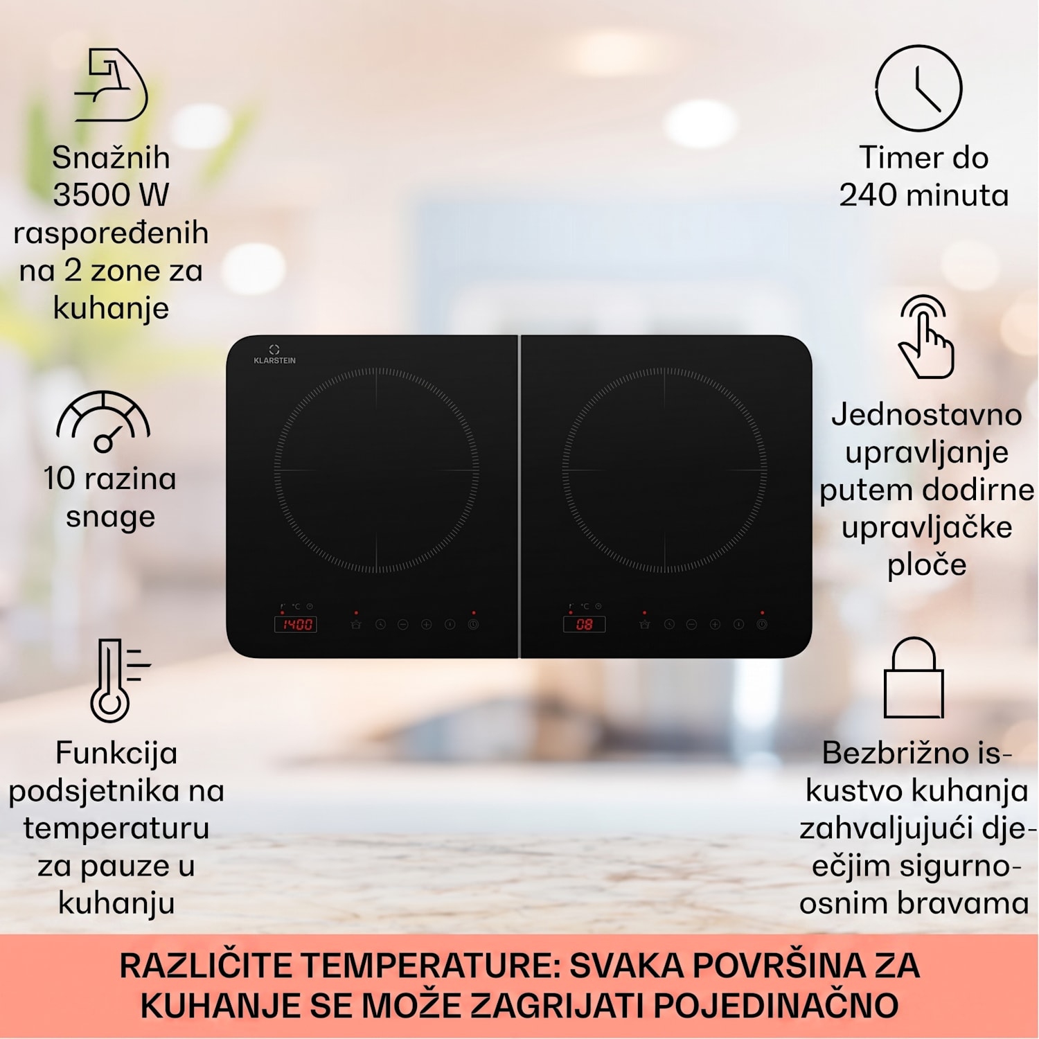 Cookio dvostruka indukcijska ploča za kuhanje 3500W tajmer staklokeramika 