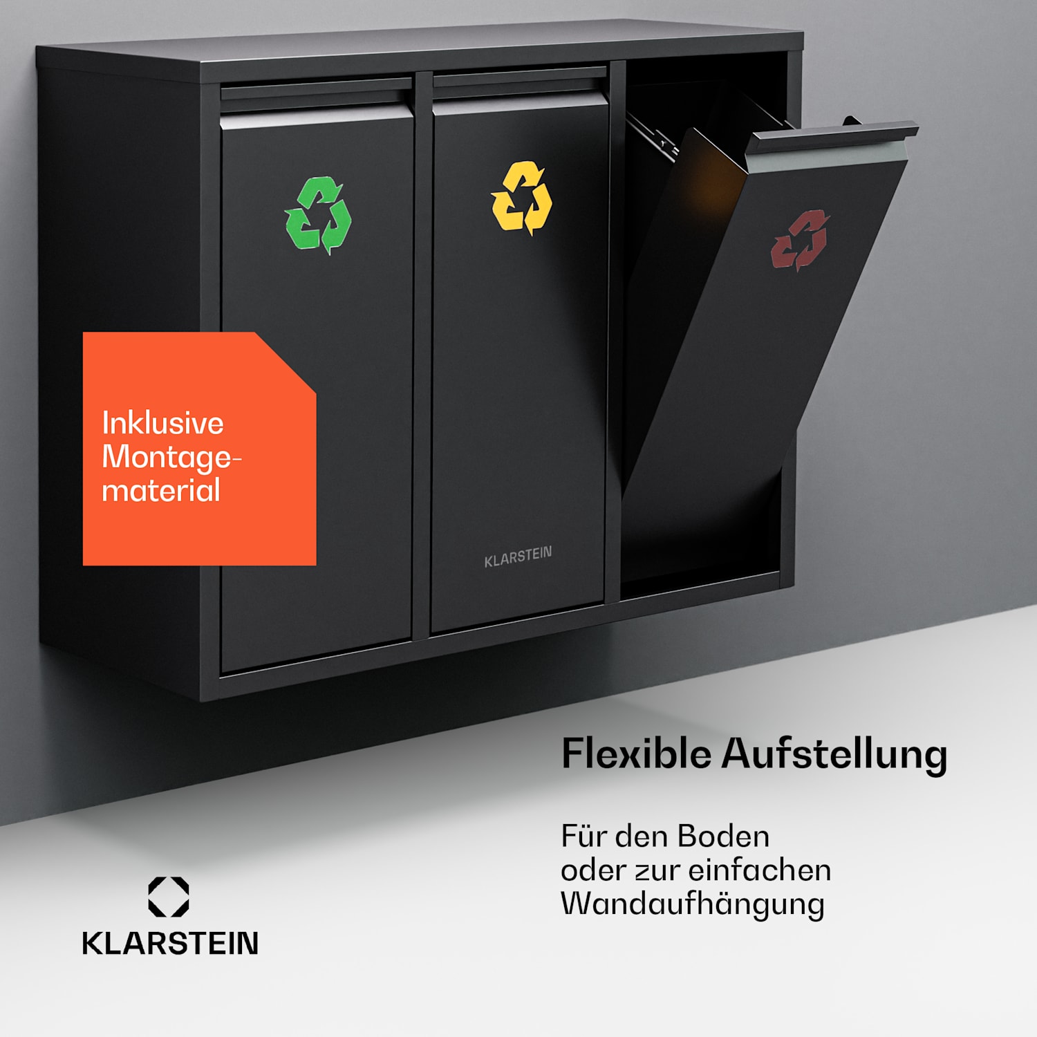 Ordnungshüter 3 - Cestino dei rifiuti da 45 litri, 3 contenitori per la raccolta differenziata, installazione a parete 45 Ltr | Nero