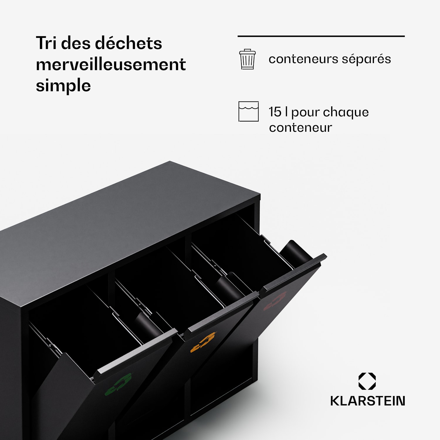 Ordnungshüter 3 afvalbakken 45 liter 3 recyclingbakken muurinstallatie 45 ltr | Zwart