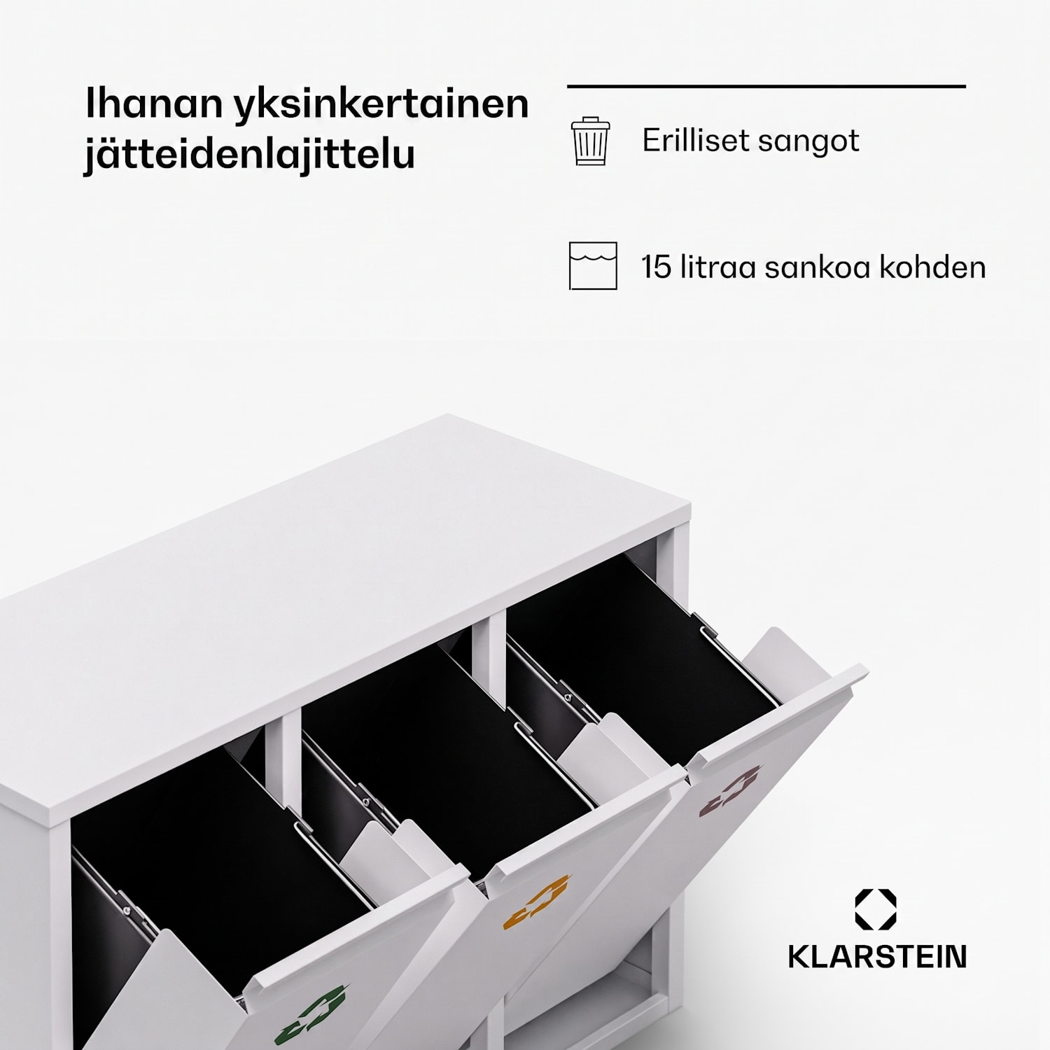 Ordnungshüter 3 roskasankoa 45 litraa 3 säiliötä kierrätys seinäkiinnitys 45 L | Valkoinen