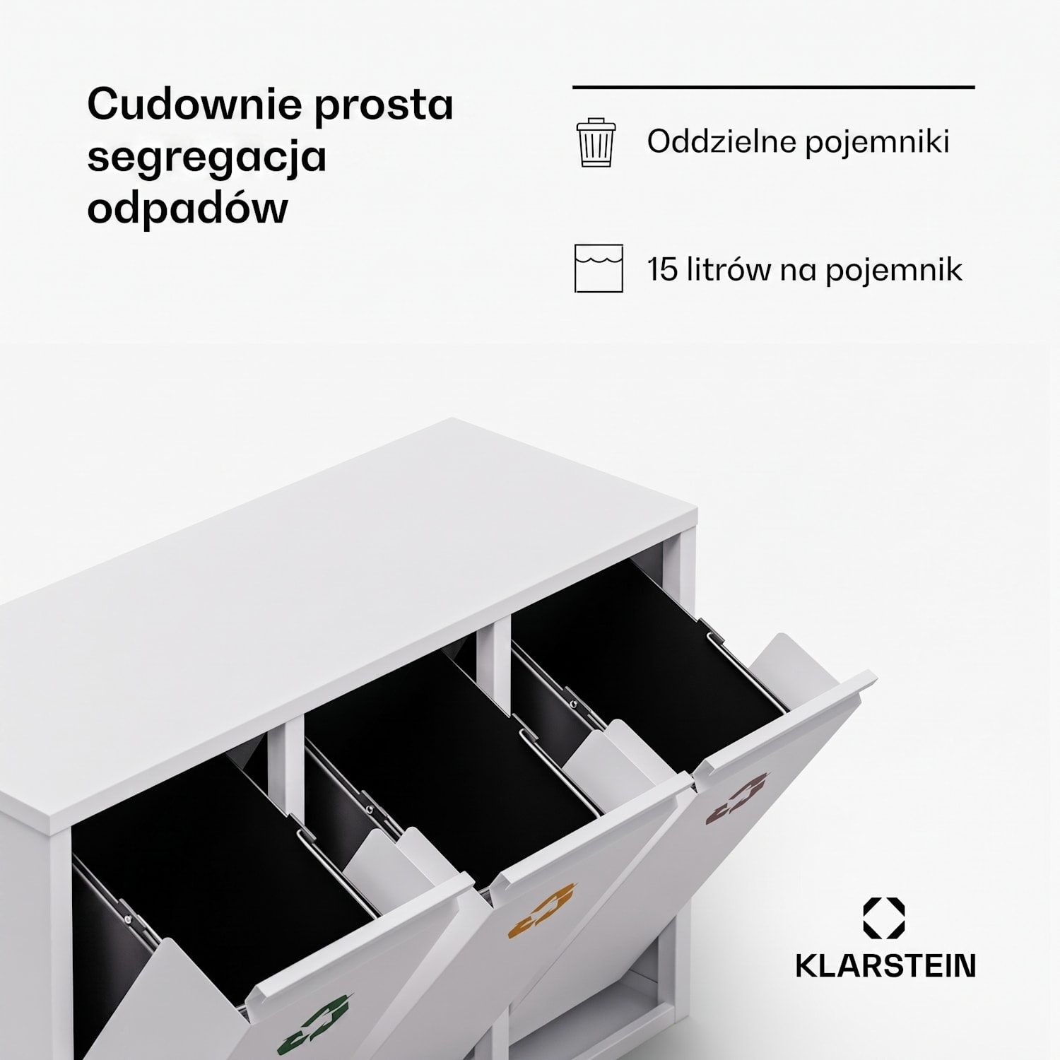 Ordnungshüter 3, kosz do segregacji odpadów, 45 l, 3 pojemniki, montaż na ścianie 45 L | Biały