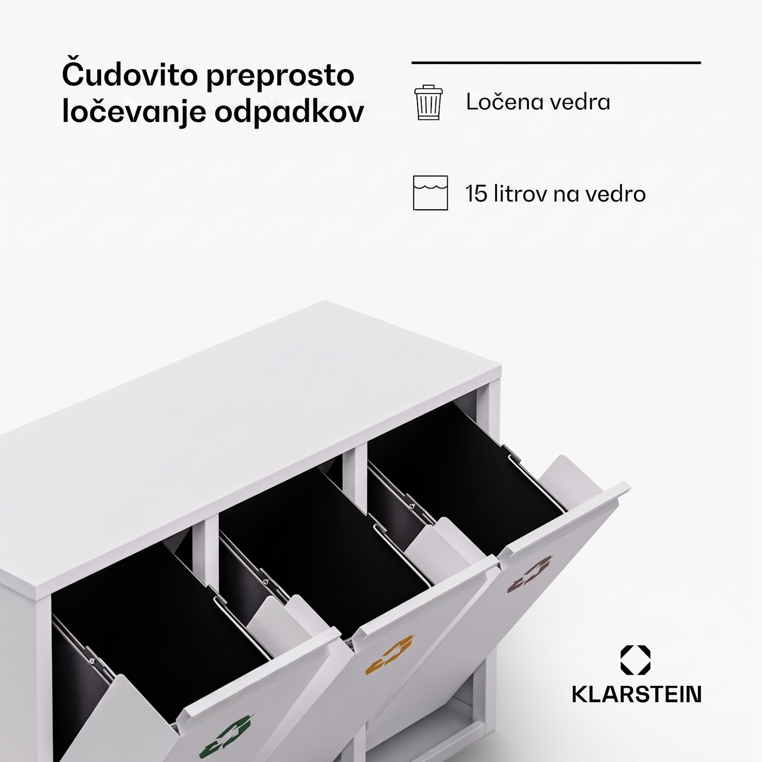 Ordnungshüter 3, koš za odpadke, 45 litrov, 3 koši za recikliranje, namestitev na steno 45 L | Bela