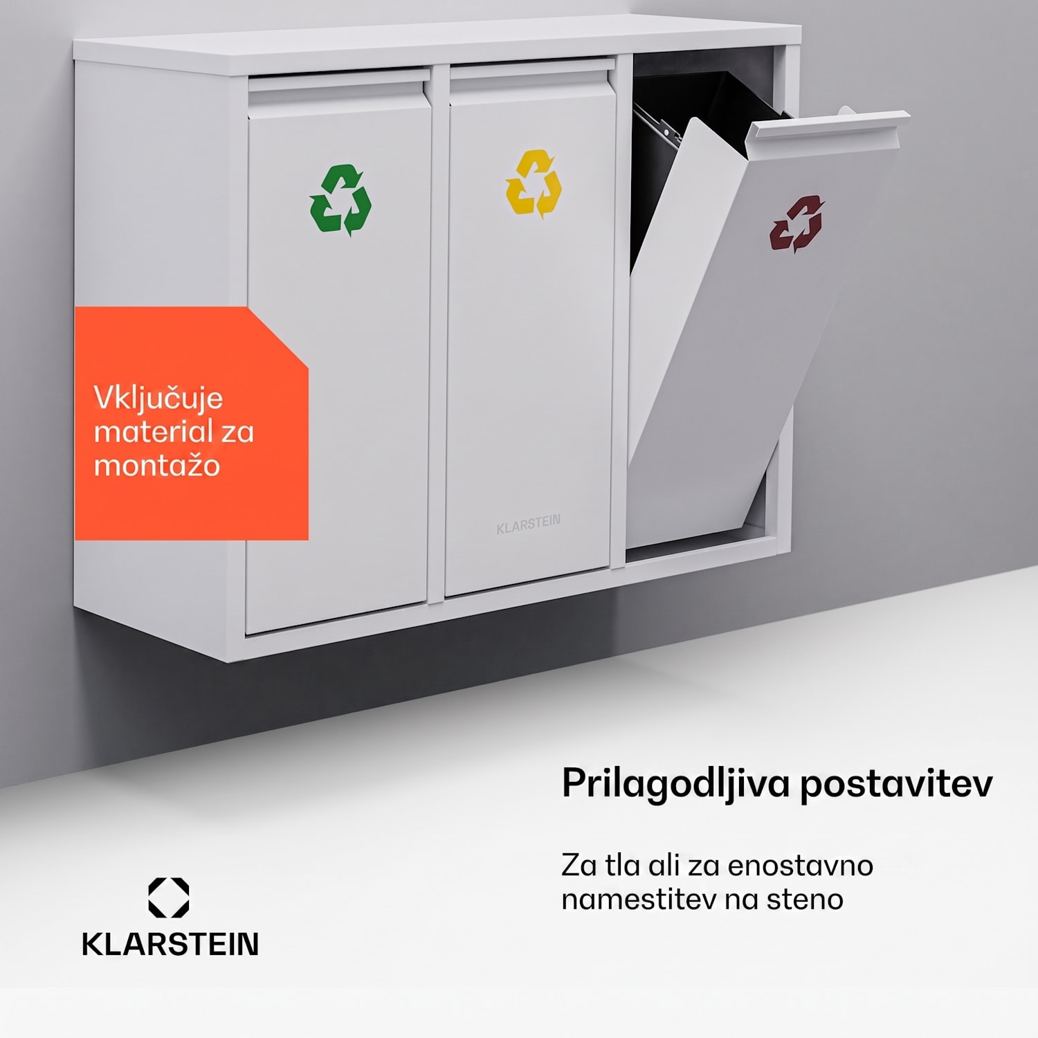 Ordnungshüter 3, koš za odpadke, 45 litrov, 3 koši za recikliranje, namestitev na steno 45 L | Bela