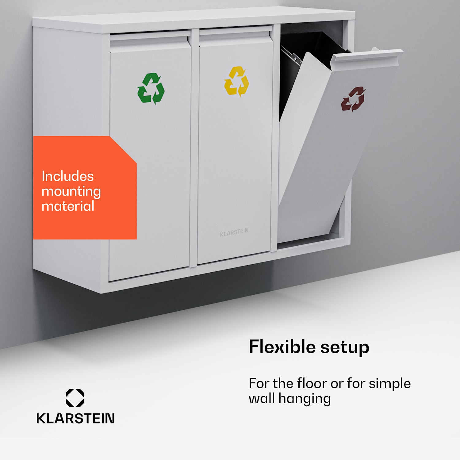 Ordnungshüter 3, szemetes, 45 literes, 3 szelektív hulladékgyűjtő kosár, falra szerelhető 45 Ltr | Fehér