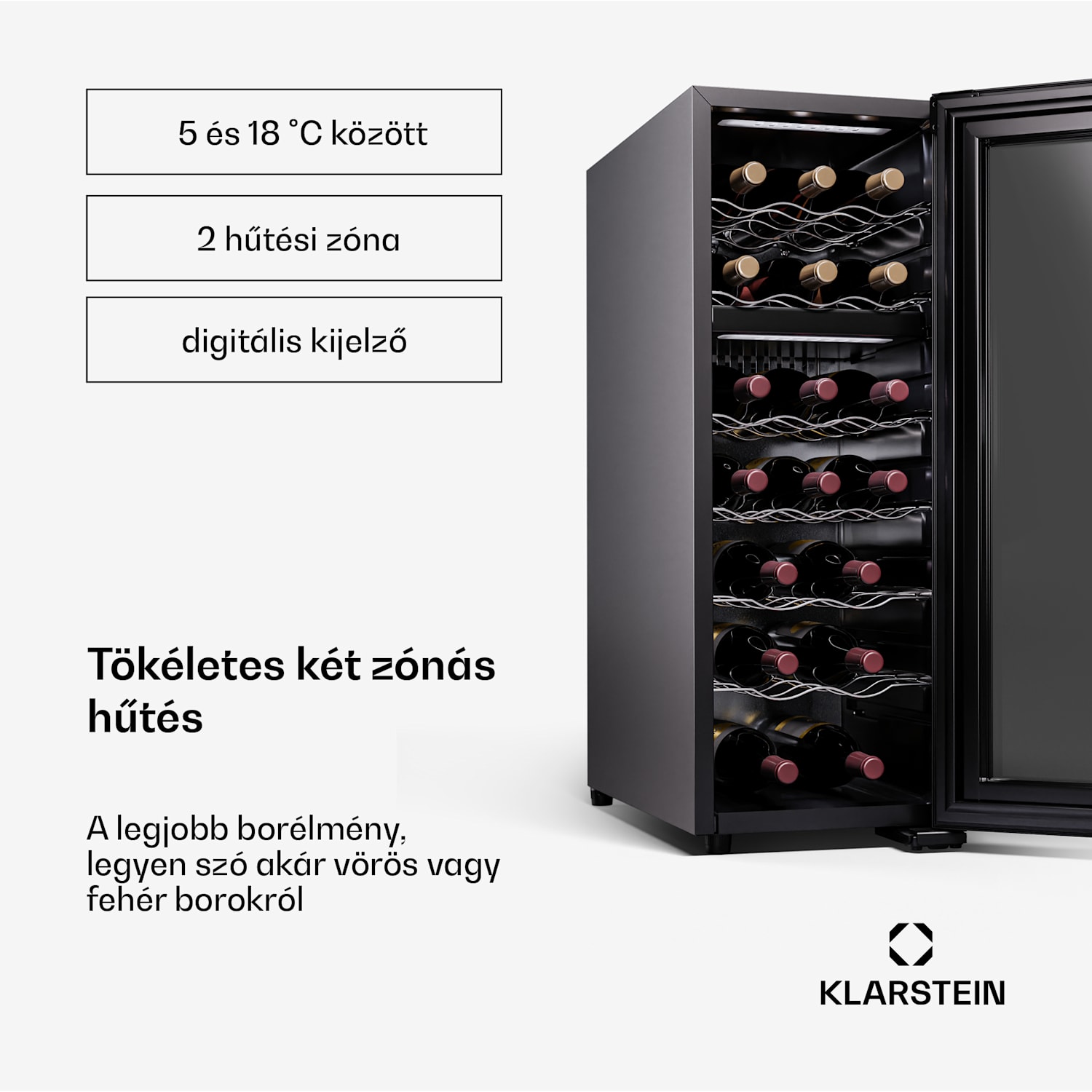 Shiraz 18 Duo, borhűtő, 2 zóna, 53 l/18 palack, 5-18 / 5-18 °C, érintésvezérlés 18 palack | 2 hűtőzóna | Fekete