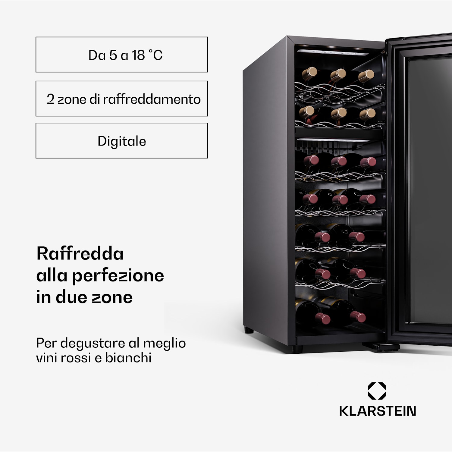 Shiraz 18 Duo - Frigorifero per vini, 2 zone, 53 L/18 bottiglie, 5-18 °C, touch 18 bottiglie | 2 zone di raffreddamento | Nero
