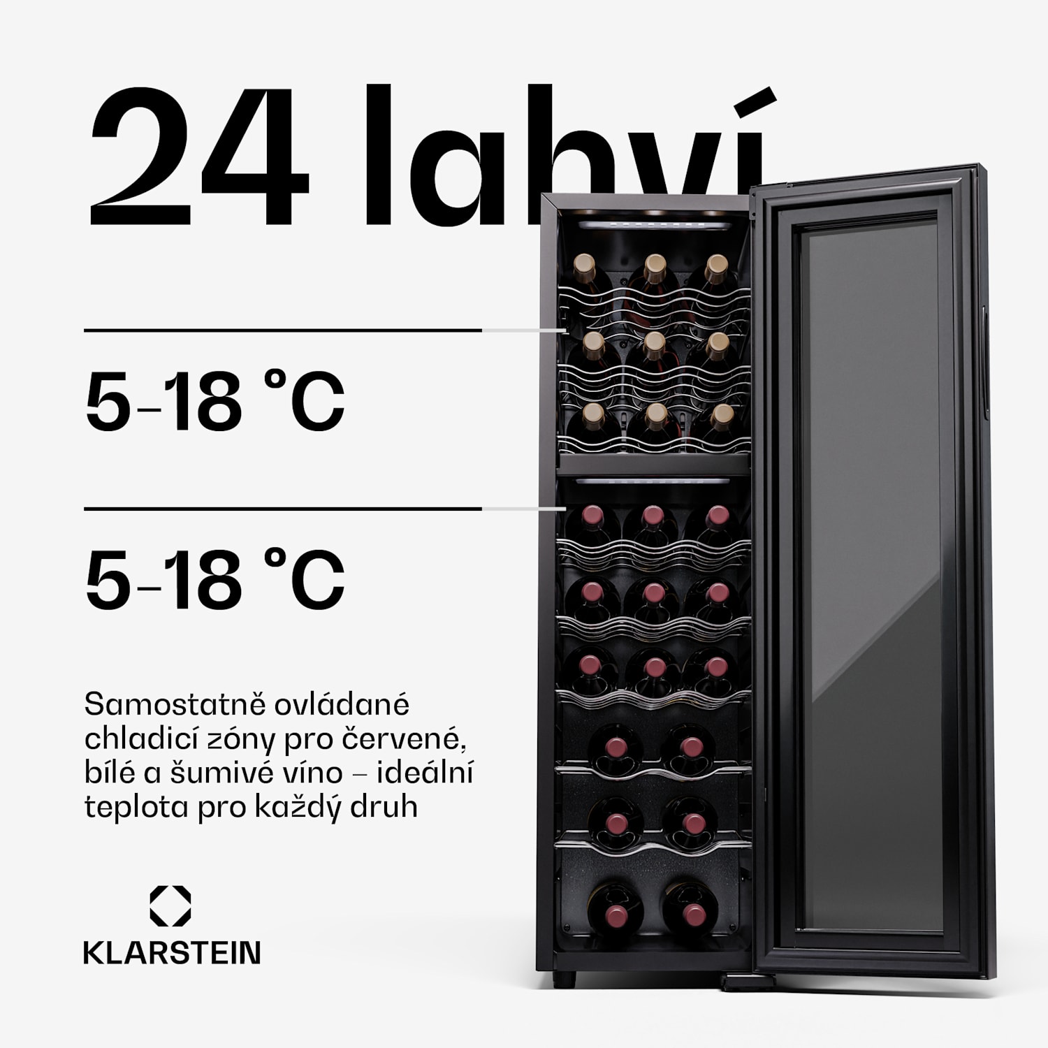 Shiraz 24 Duo, vinotéka, 2 zóny, 75 l/24 lahví, 5-18 °C, dotykové ovládání 24 botellas | 2 chladicí zóny | Negro