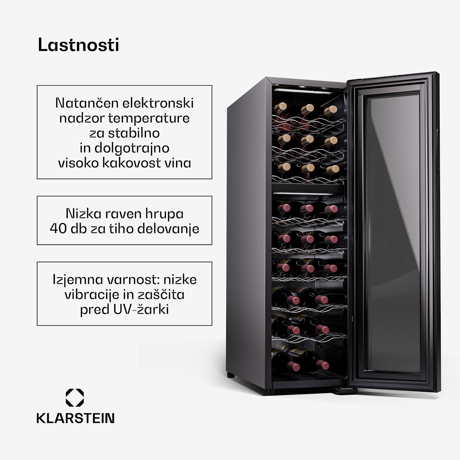 Shiraz 24 Duo, hladilnik za vino, 2 hladilni območji, 75 l/24 steklenic, 5-18 °C, upravljanje na dotik 24 flessen | 2 chladicí zóny | Črna