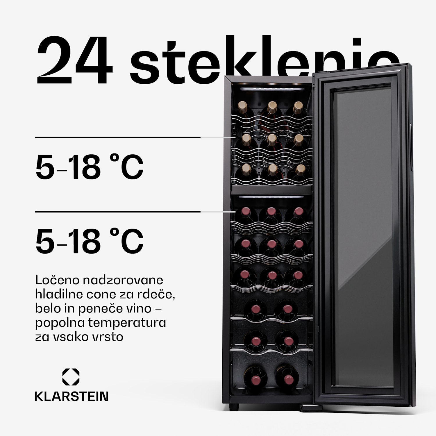 Shiraz 24 Duo, hladilnik za vino, 2 hladilni območji, 75 l/24 steklenic, 5-18 °C, upravljanje na dotik 24 flessen | 2 chladicí zóny | Črna