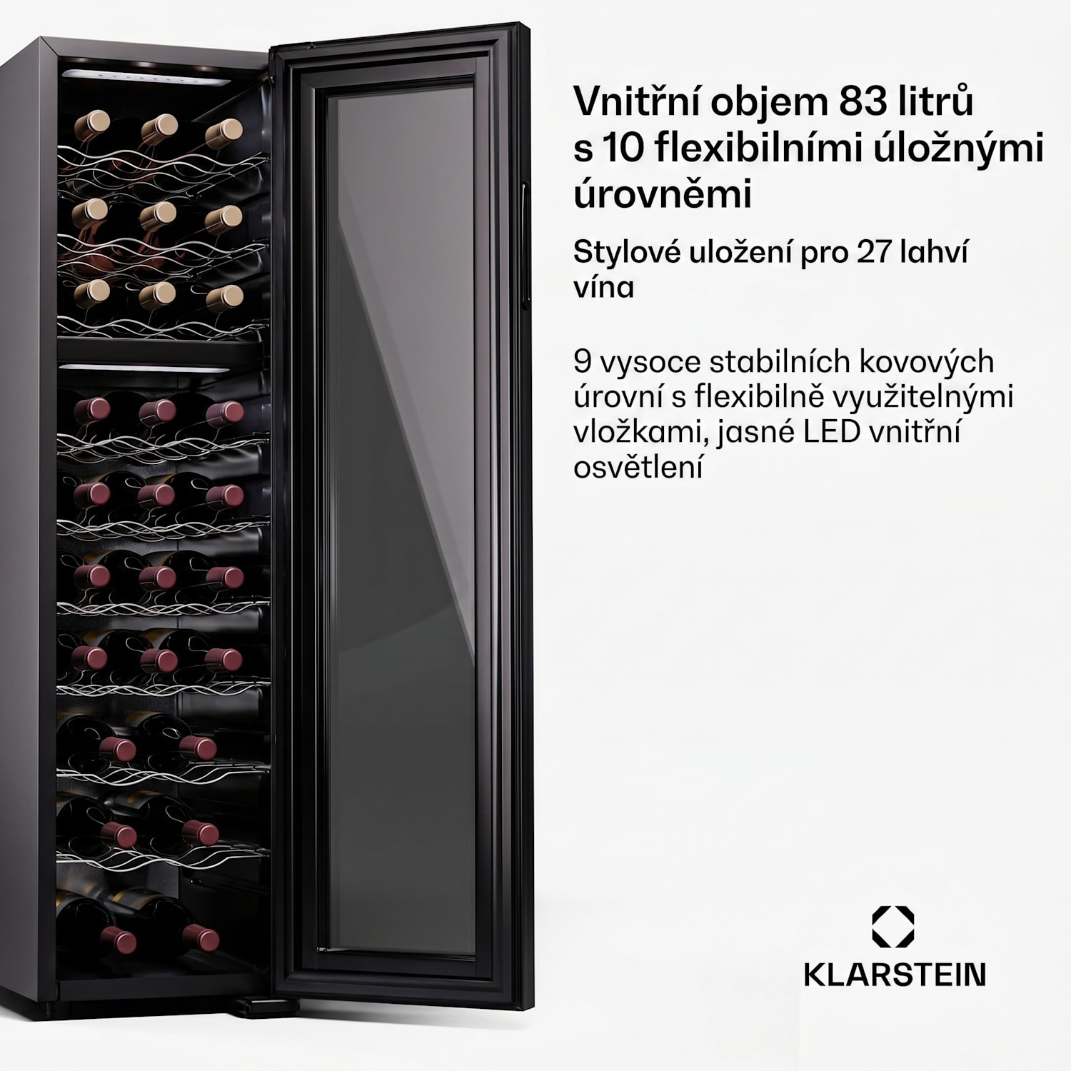 Shiraz 27 Duo, vinotéka, 2 zóny, 83 l/27 lahví, 5-18 / 5-18 °C, dotykové ovládání 27 lahví | 2 chladicí zóny | Černá