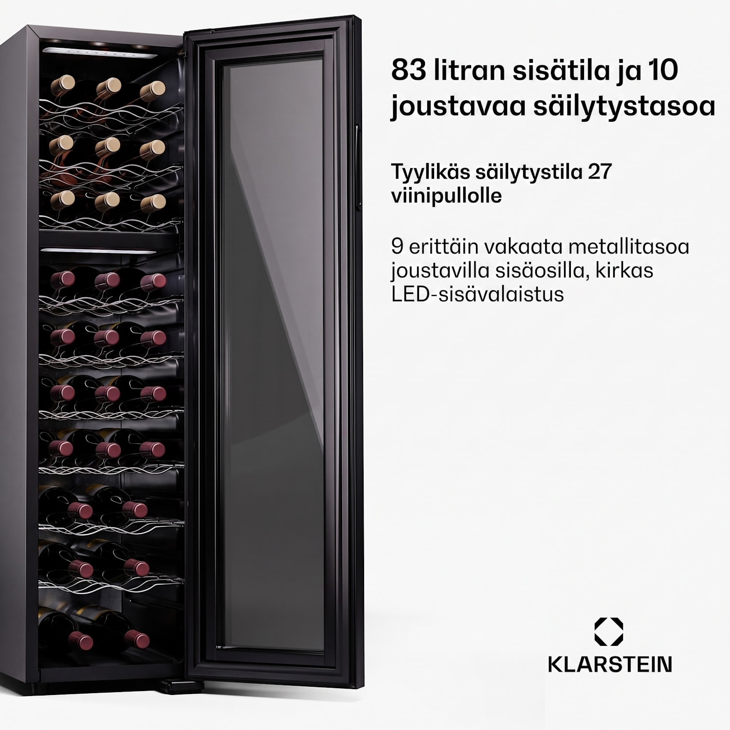 Shiraz 27 Duo viinijääkaappi 2 aluetta 83 l/27 pullolle 5 - 18 °C kosketus 27 pulloa | 2 jäähdytysalue | Musta