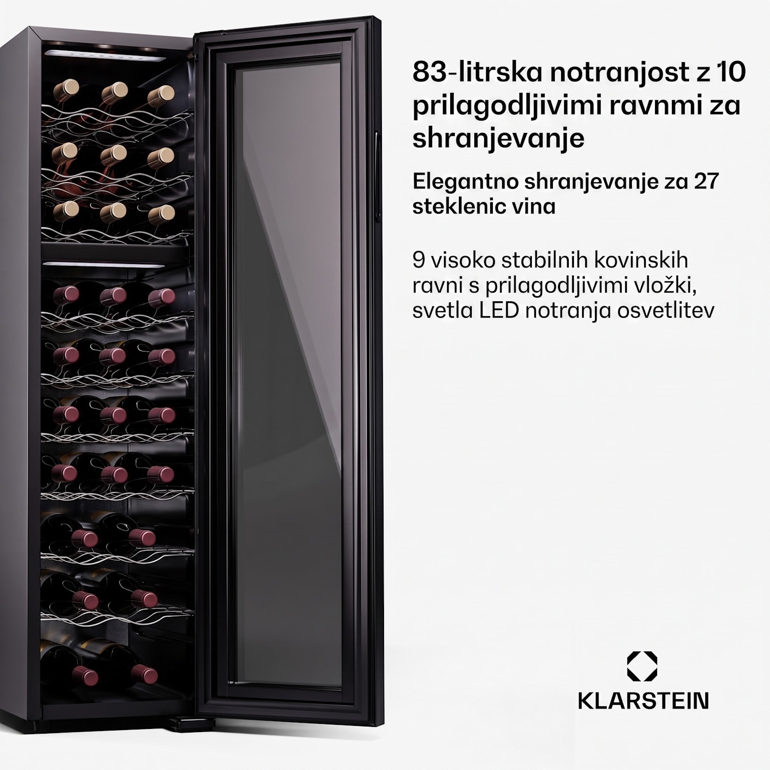 Shiraz 27 Duo, hladilnik za vino, 2 coni, 83 l/27 steklenic, 5-18 / 5-18 °C, upravljanje na dotik 27 steklenic | 2 | Črna