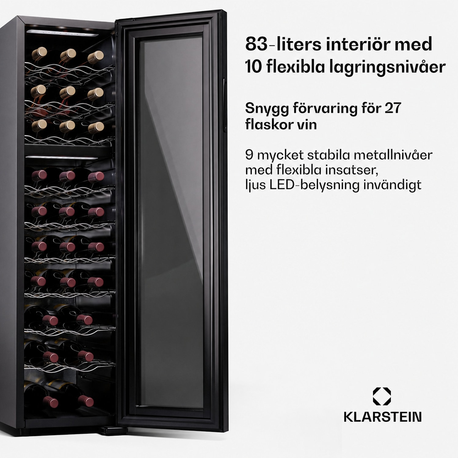 Shiraz 27 Duo vinkylskåp, 2 zoner, 83 l/27 flaskor, 5–18 °C, pekskärm 27 flaskor | 2 kylzoner | Svart