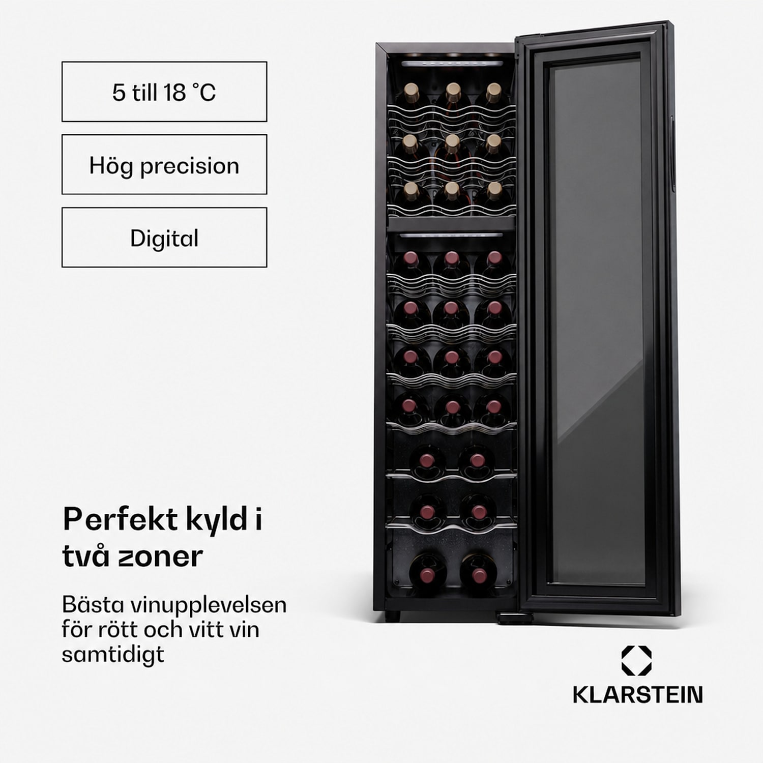 Shiraz 27 Duo vinkylskåp, 2 zoner, 83 l/27 flaskor, 5–18 °C, pekskärm 27 flaskor | 2 kylzoner | Svart