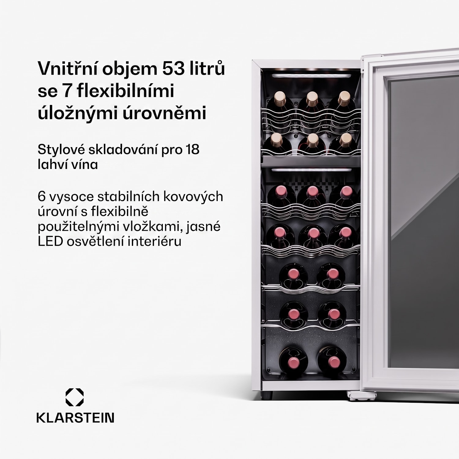 Shiraz 18 Duo, vinotéka, 2 zóny, 53 l/18 lahví, 5-18/5-18 °C, dotykové ovládání 18 lahví | 2 chladicí zóny | Bílá