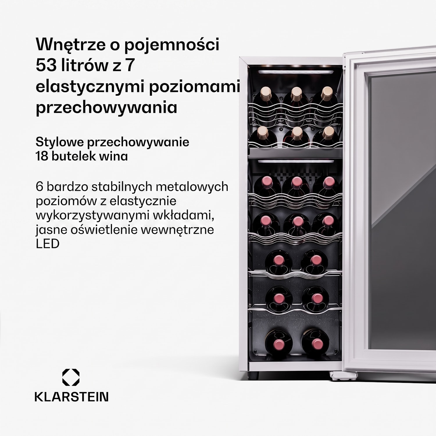 Shiraz 18 Duo, chłodziarka do wina, 2 strefy, 53 l, 18 butelek, 5-18°C, dotykowy panel sterowania 18 butelek | 2 strefy chłodzenia | Biały
