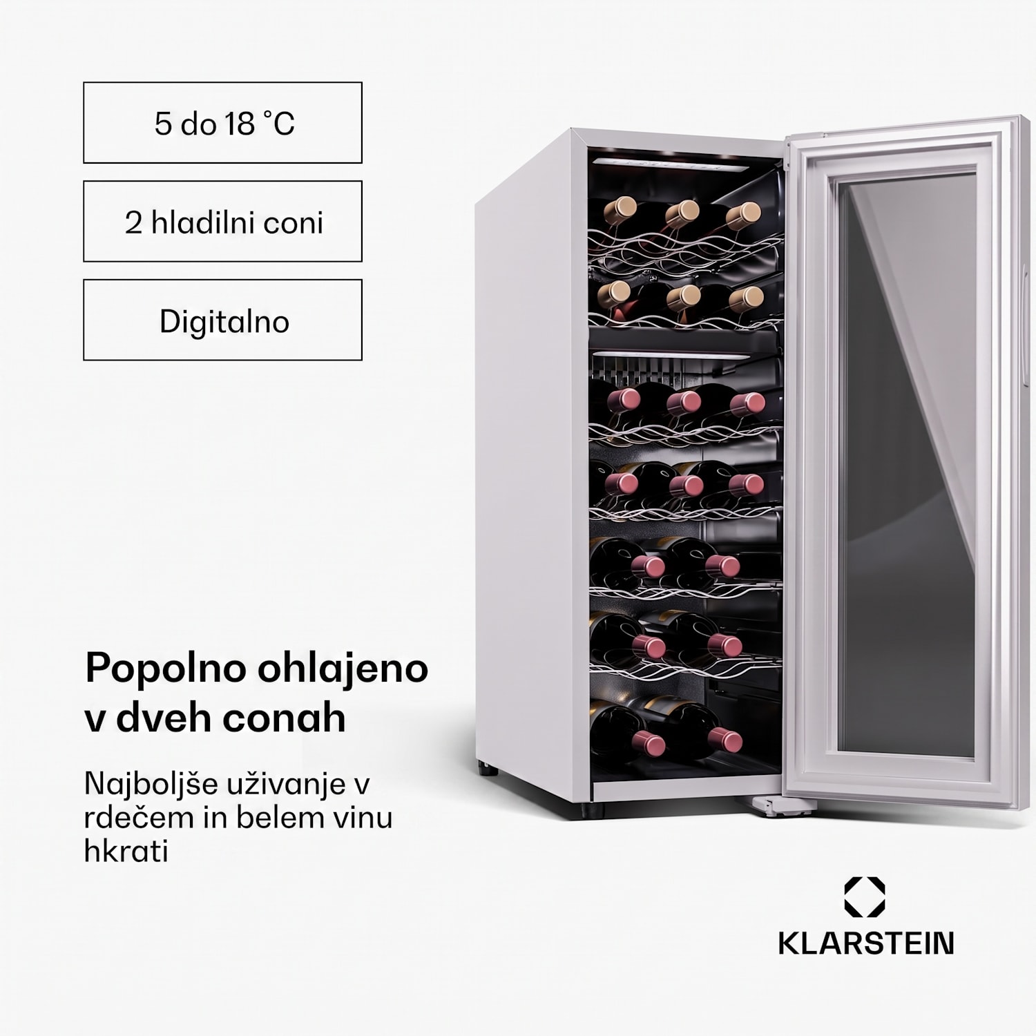 Shiraz 18 Duo, hladilnik za vino, 2 hladilni območji, 53 l/18 steklenic, 5-18 °C, upravljanje na dotik 18 steklenic | 2 | Bela