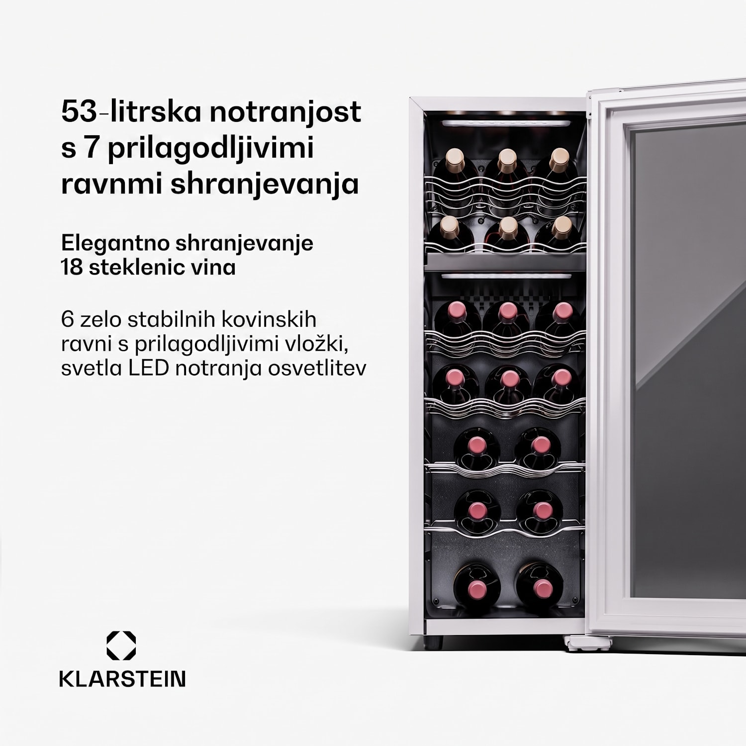 Shiraz 18 Duo, hladilnik za vino, 2 hladilni območji, 53 l/18 steklenic, 5-18 °C, upravljanje na dotik 18 steklenic | 2 | Bela