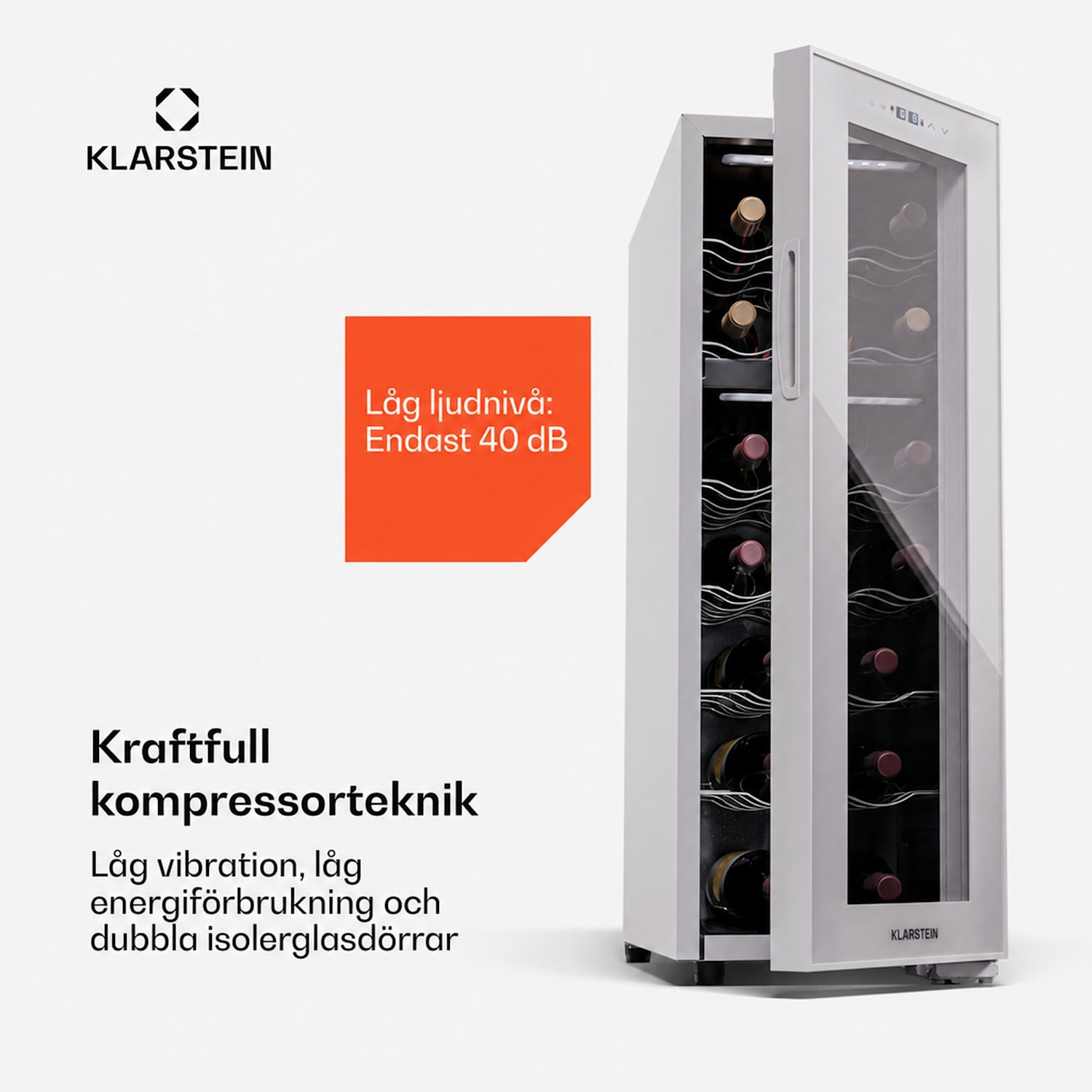 Shiraz 18 Duo vinkylskåp, 2 zoner, 53 liter/18 flaskor, 5–18 °C, pekskärm 18 flaskor | 2 kylzoner | Vit
