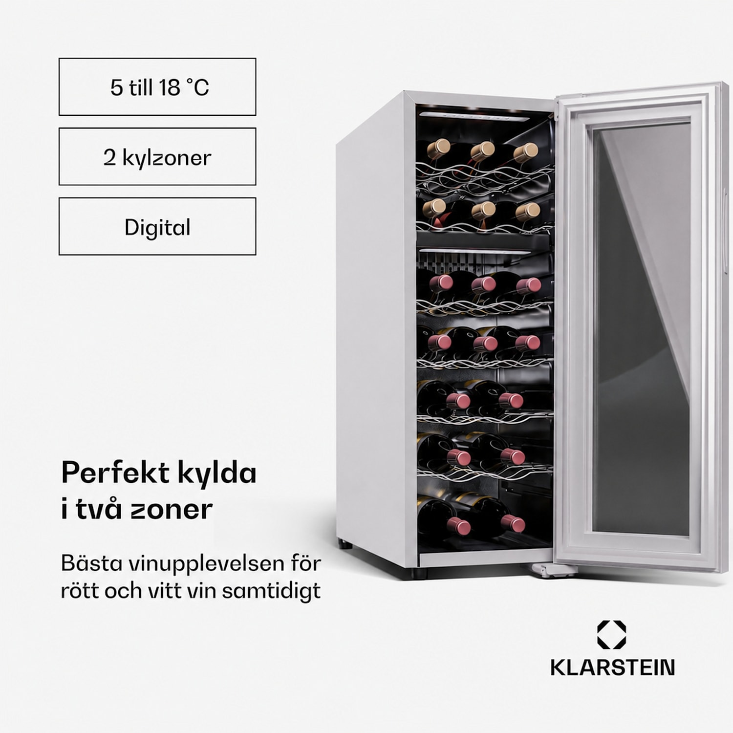 Shiraz 18 Duo vinkylskåp, 2 zoner, 53 liter/18 flaskor, 5–18 °C, pekskärm 18 flaskor | 2 kylzoner | Vit