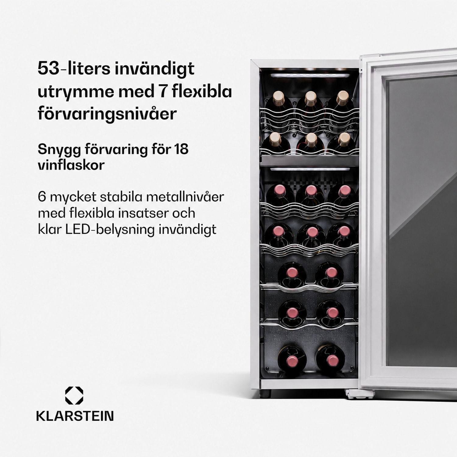 Shiraz 18 Duo vinkylskåp, 2 zoner, 53 liter/18 flaskor, 5–18 °C, pekskärm 18 flaskor | 2 kylzoner | Vit