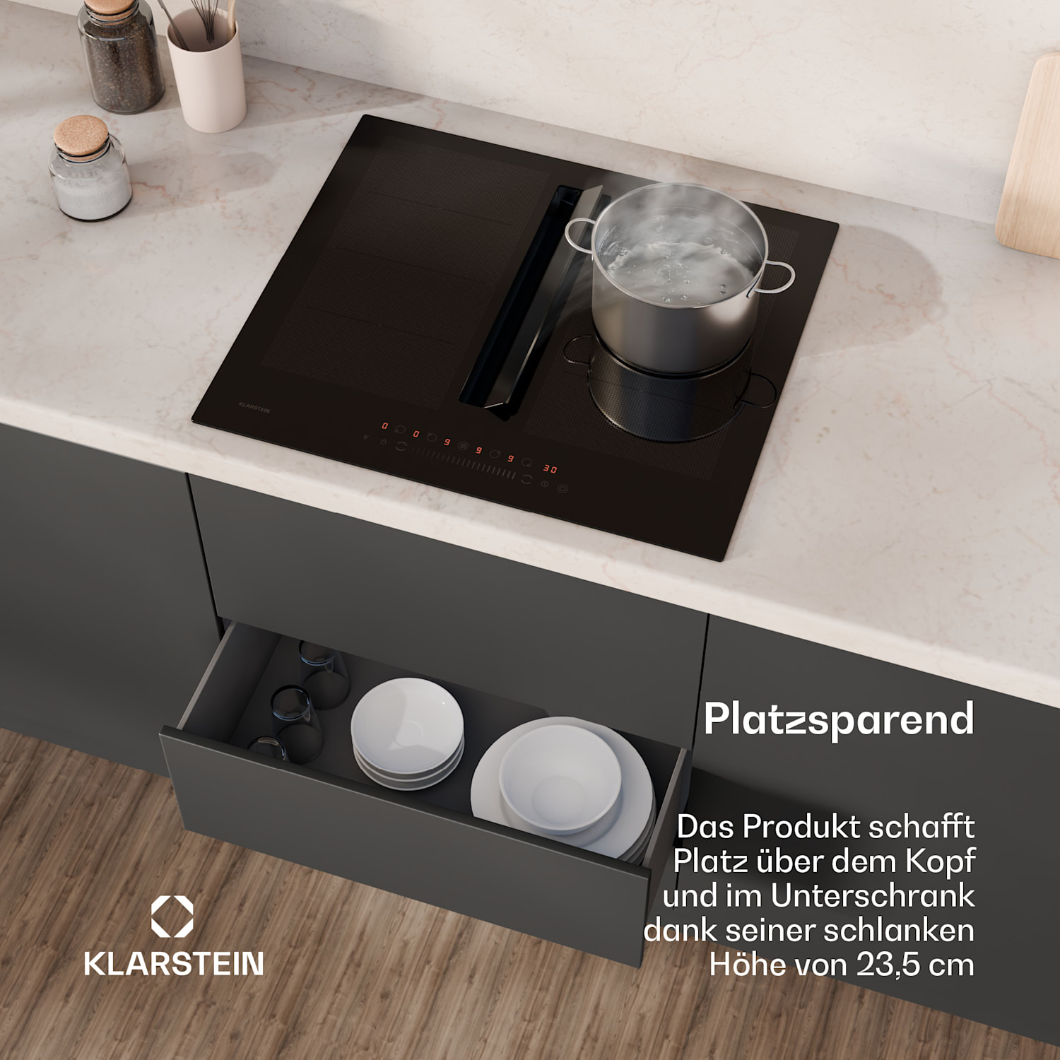 Chef-Fusion - sistema Down Air piano cottura a induzione + cappa aspirante, 60 cm, potenza aspirante di 600 m³/ora, classe di efficienza energetica A 60 cm | Nero