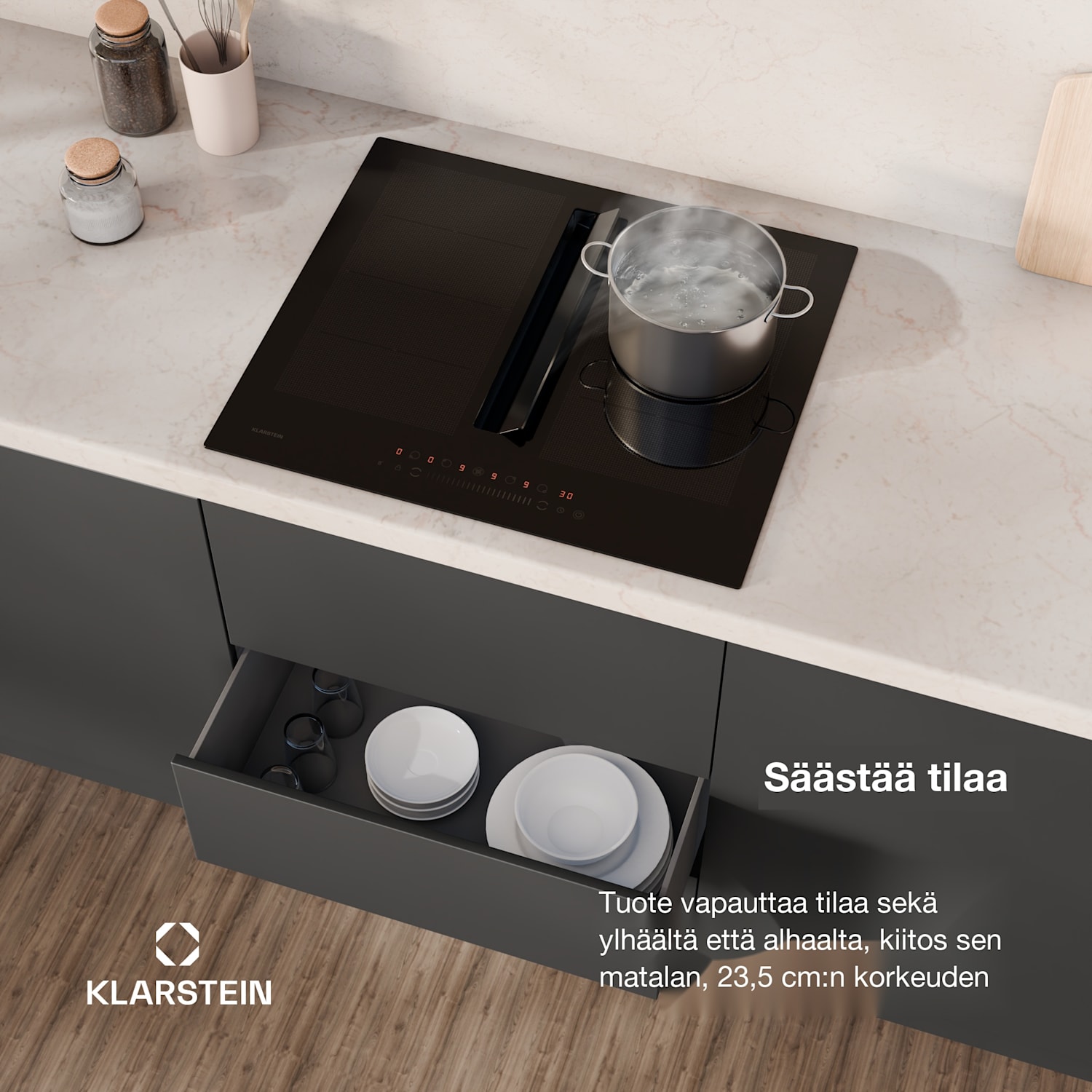Chef-Fusion Down Air System induktiokeittotaso + liesituuletin 60 cm 598 m³/h poistoilmateho EEC A 60 cm | Musta