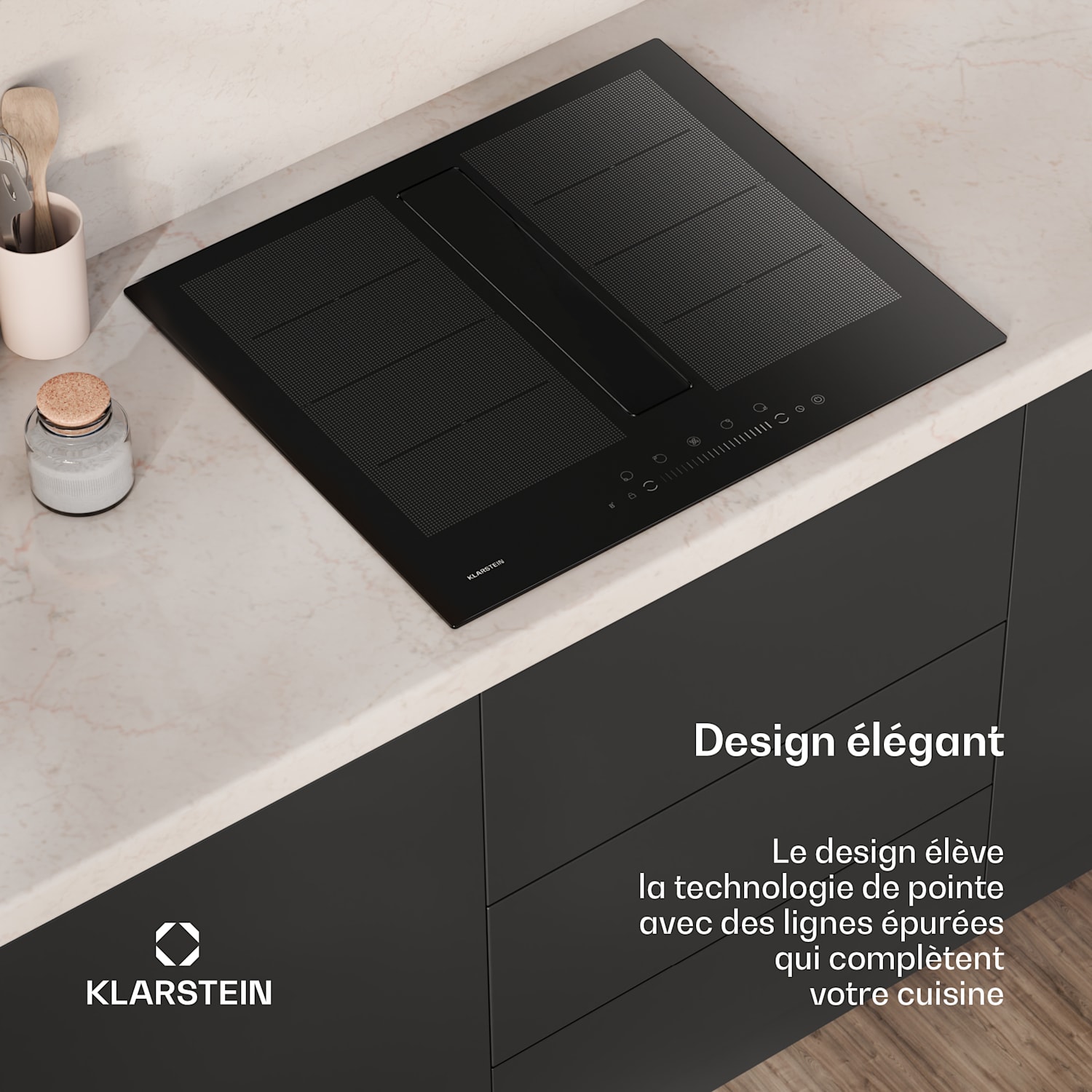 Chef-Fusion Down Air System inductiekookplaat + afzuigkap 60 cm 600 m³/h luchtafvoer EEC A 60 cm | Zwart