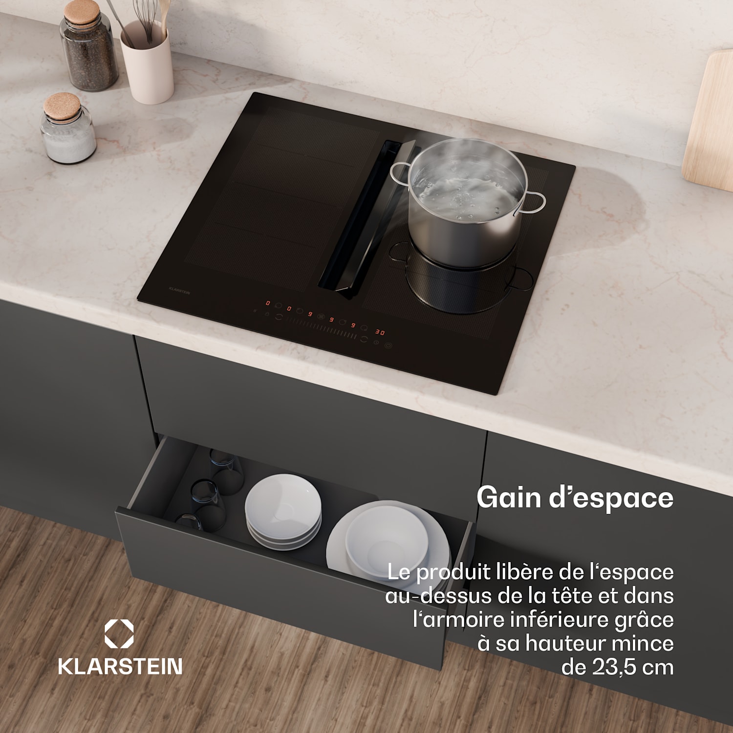 Chef-Fusion Down Air System inductiekookplaat + afzuigkap 60 cm 600 m³/h luchtafvoer EEC A 60 cm | Zwart