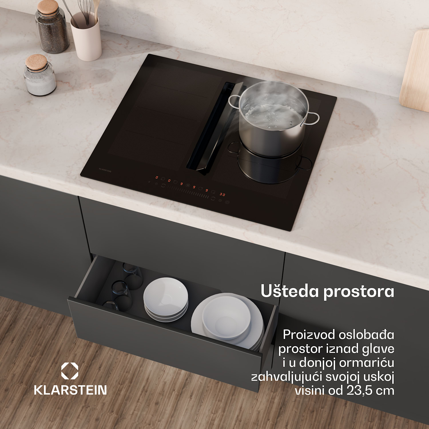 Chef-Fusion Down Air sustav, indukcijsko kuhalo + DownAir napa, 60 cm, 600 m³/h EEC A 60 cm | Crna