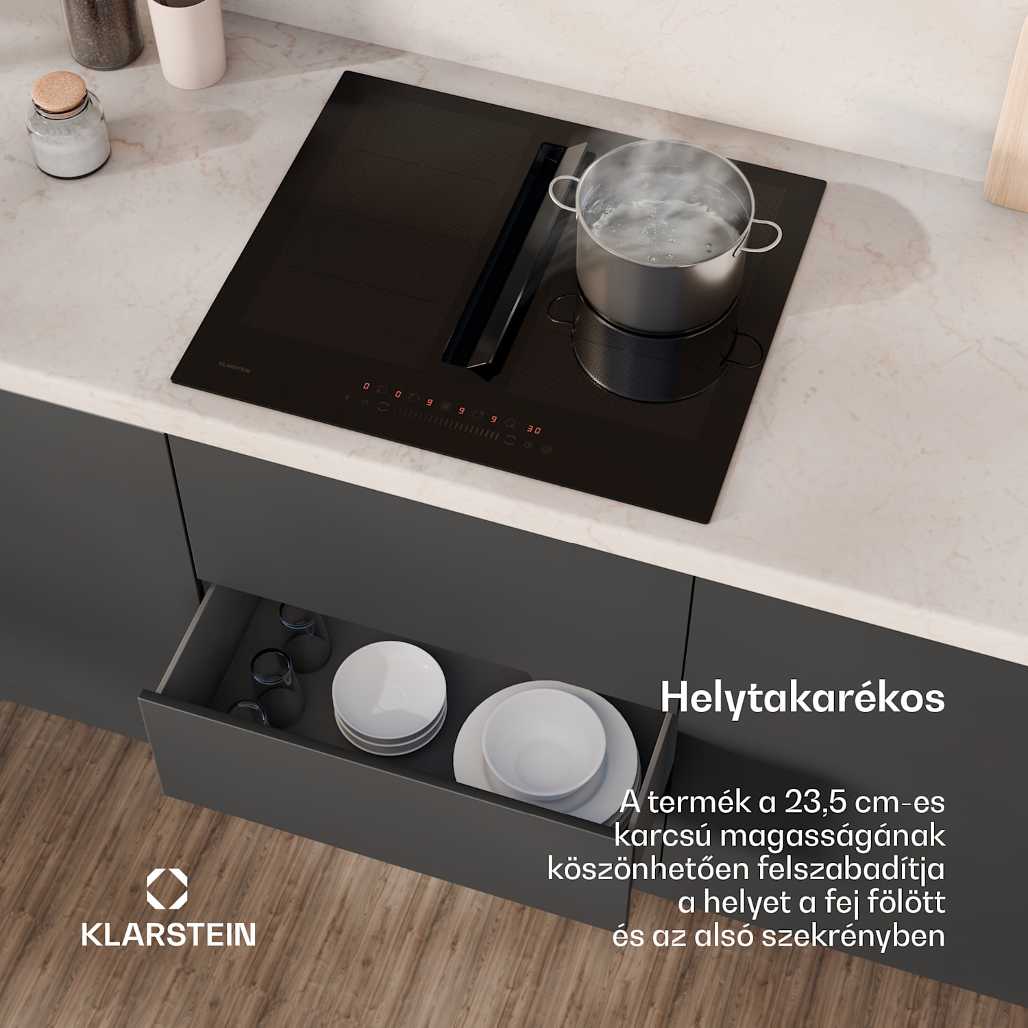 Chef-Fusion Down Air System, indukciós tűzhely + DownAir páraelszívó, 60 cm, 600 m³/h EEC A 60 cm | Fekete