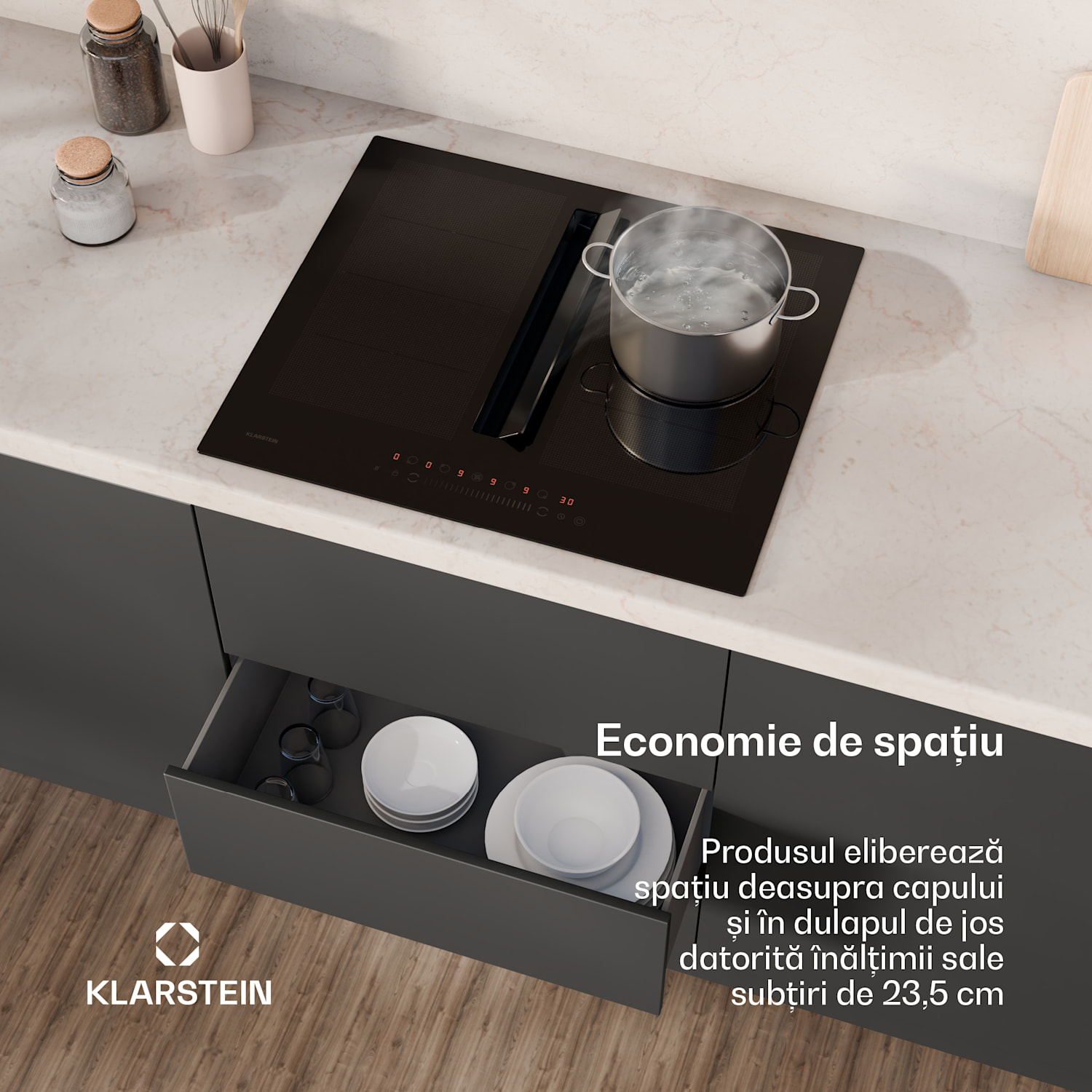 Chef-Fusion Down Air System, plită cu inducție + hotă DownAir, 60 cm, 600 m³/h EEC A 60 cm | Negru