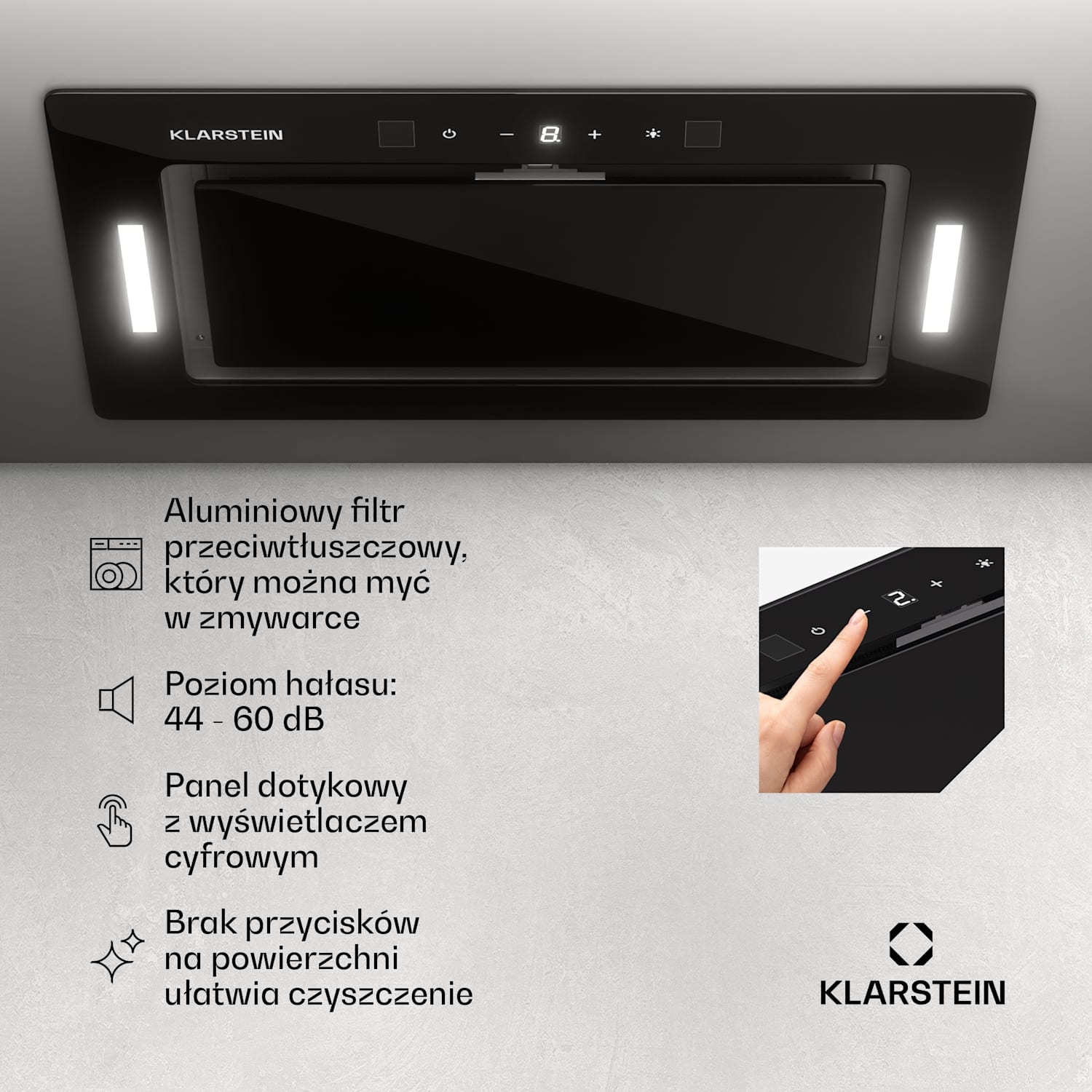 Hektor Eco, okap kuchenny do zabudowy, 72 cm, 466 m³/h, panel dotykowy, szkło 72 cm | Czarny