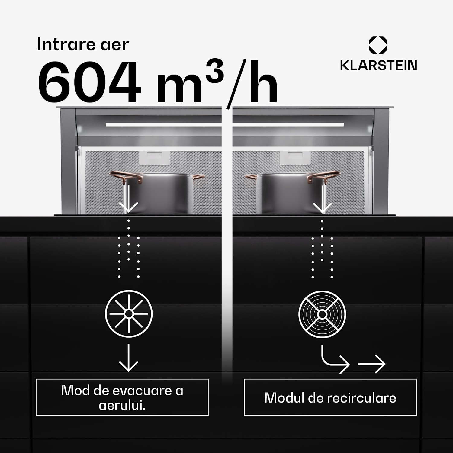 Royal Flush Eco 90, hota, 90 cm, 604 m³/h, EEK A++, inclusiv filtre cu carbon activat 90 cm | Oțel inoxidabil