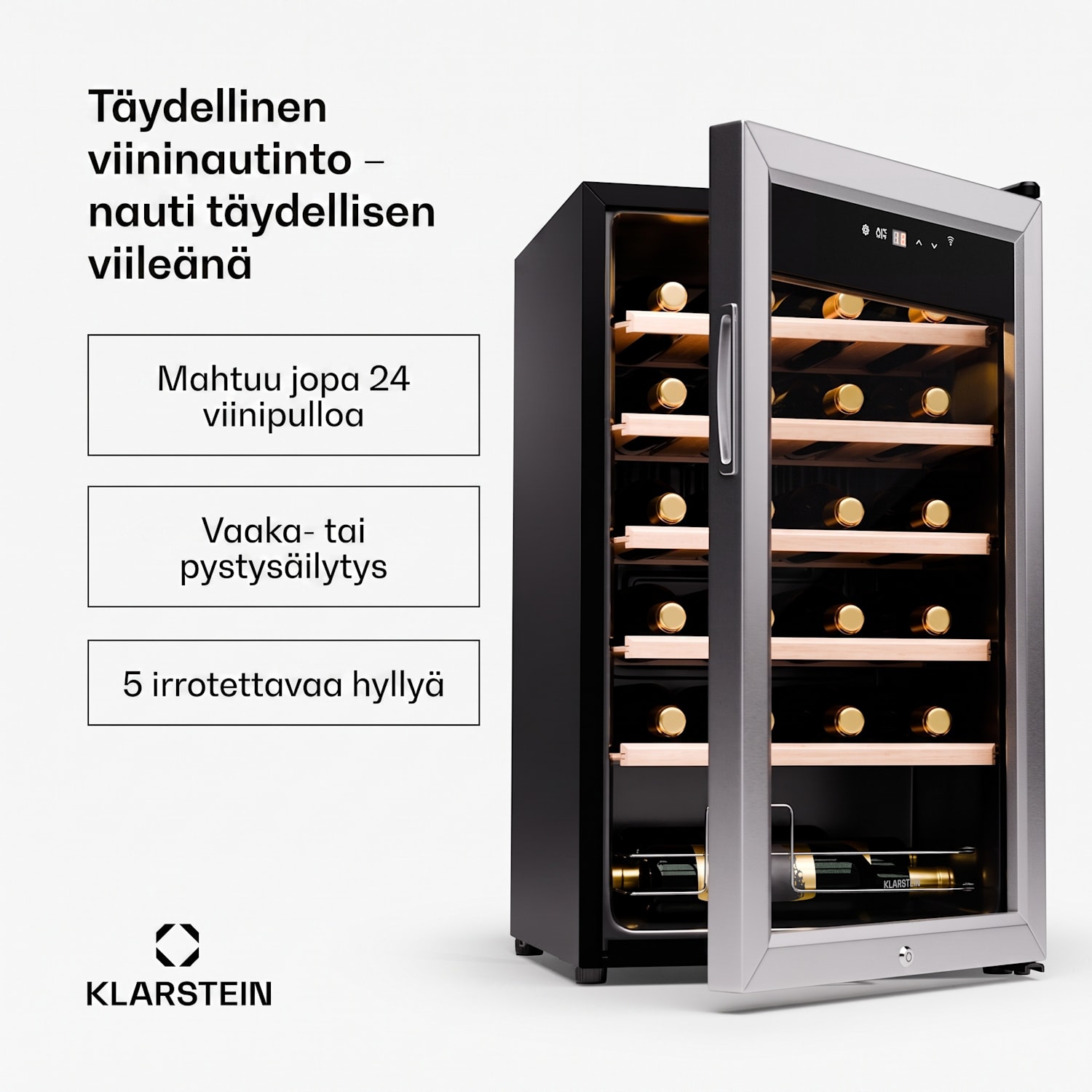 Shiraz Premium Smart 24 viinikaappi 24 pullolle säädettävä lämpötila-alue LED-valaistus WiFi-ohjaus kosketusnäyttö 24 pulloa
