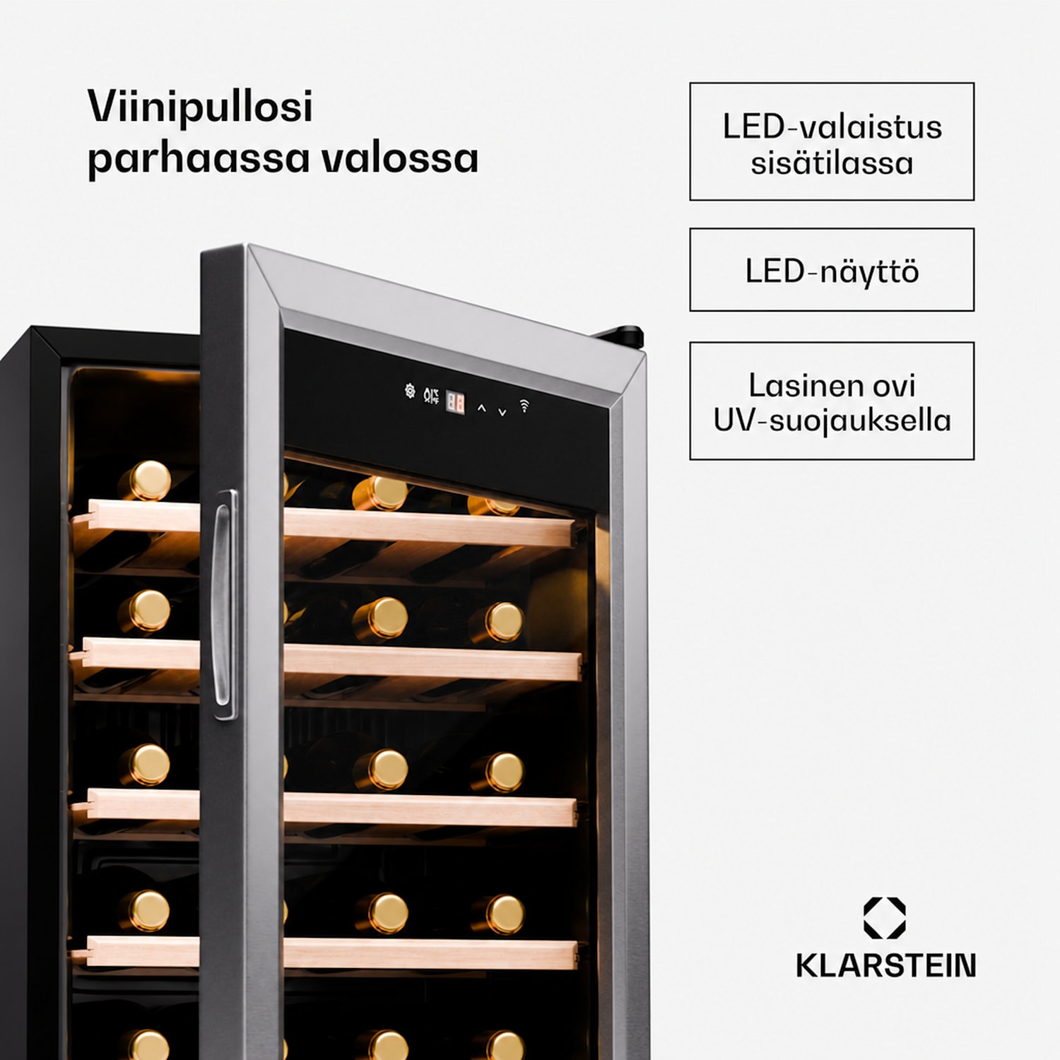 Shiraz Premium Smart 24 viinikaappi 24 pullolle säädettävä lämpötila-alue LED-valaistus WiFi-ohjaus kosketusnäyttö 24 pulloa